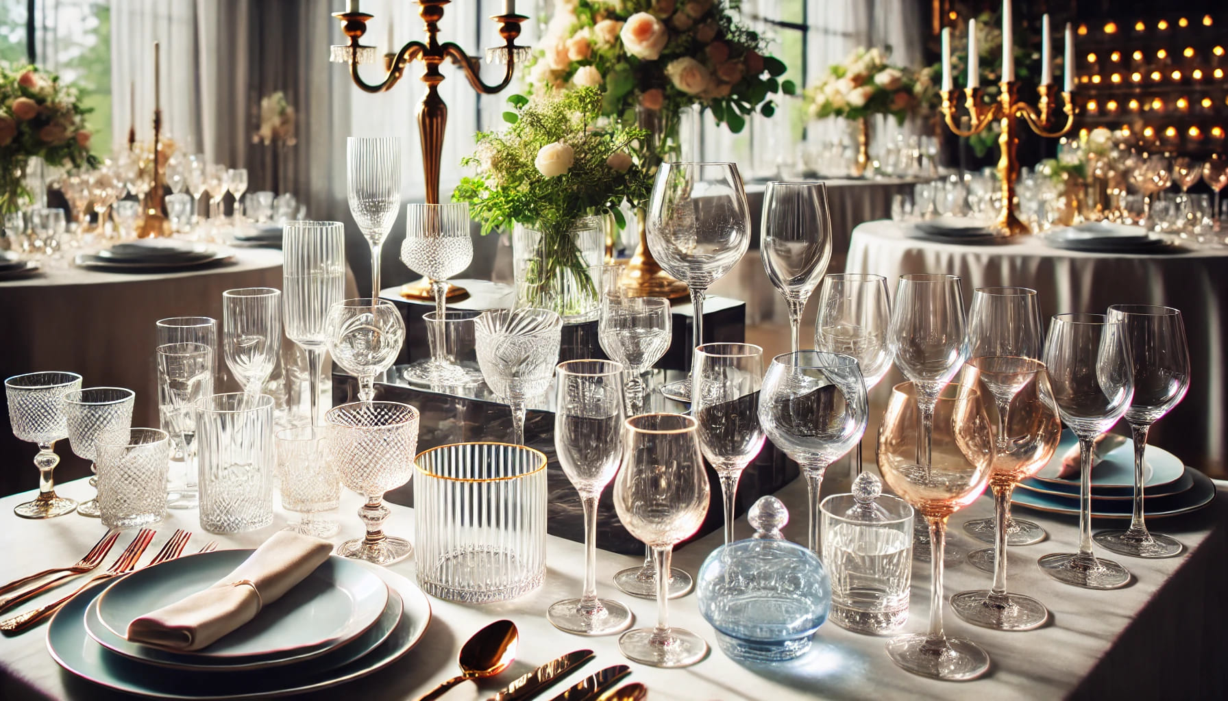 A wide range of glassware options displayed on a table, showcasing different types of glasses for various events, including wine glasses, Champagne fl