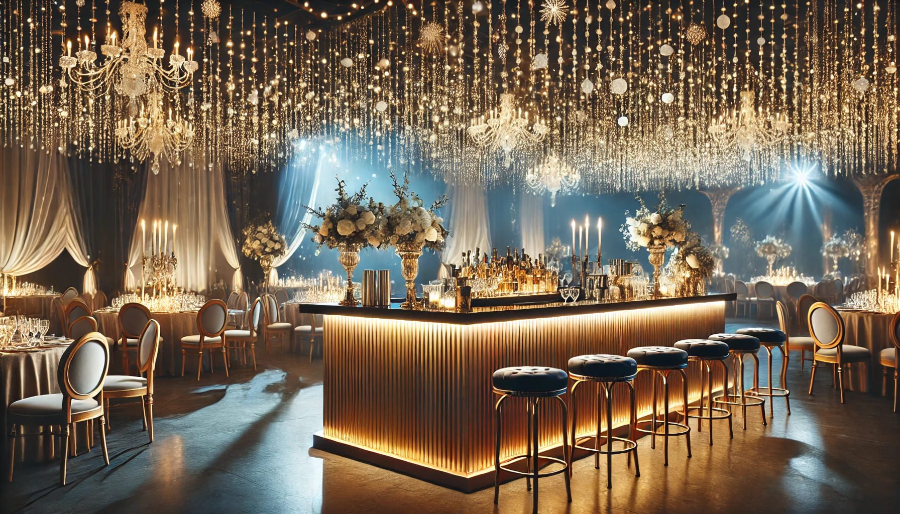 An elegant bar setup at a party with illuminated bar counters and stylish bar stools, creating a sophisticated atmosphere, no text