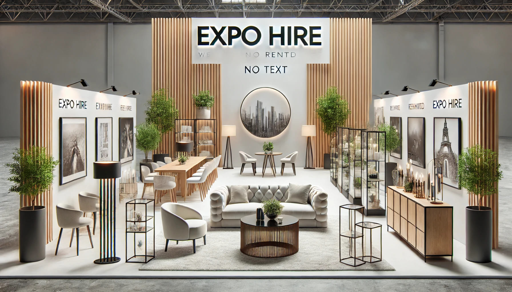 An elegant exhibition setup showcasing Expo Hire's services, featuring a variety of rented furniture, including display cabinets and contemporary sofa