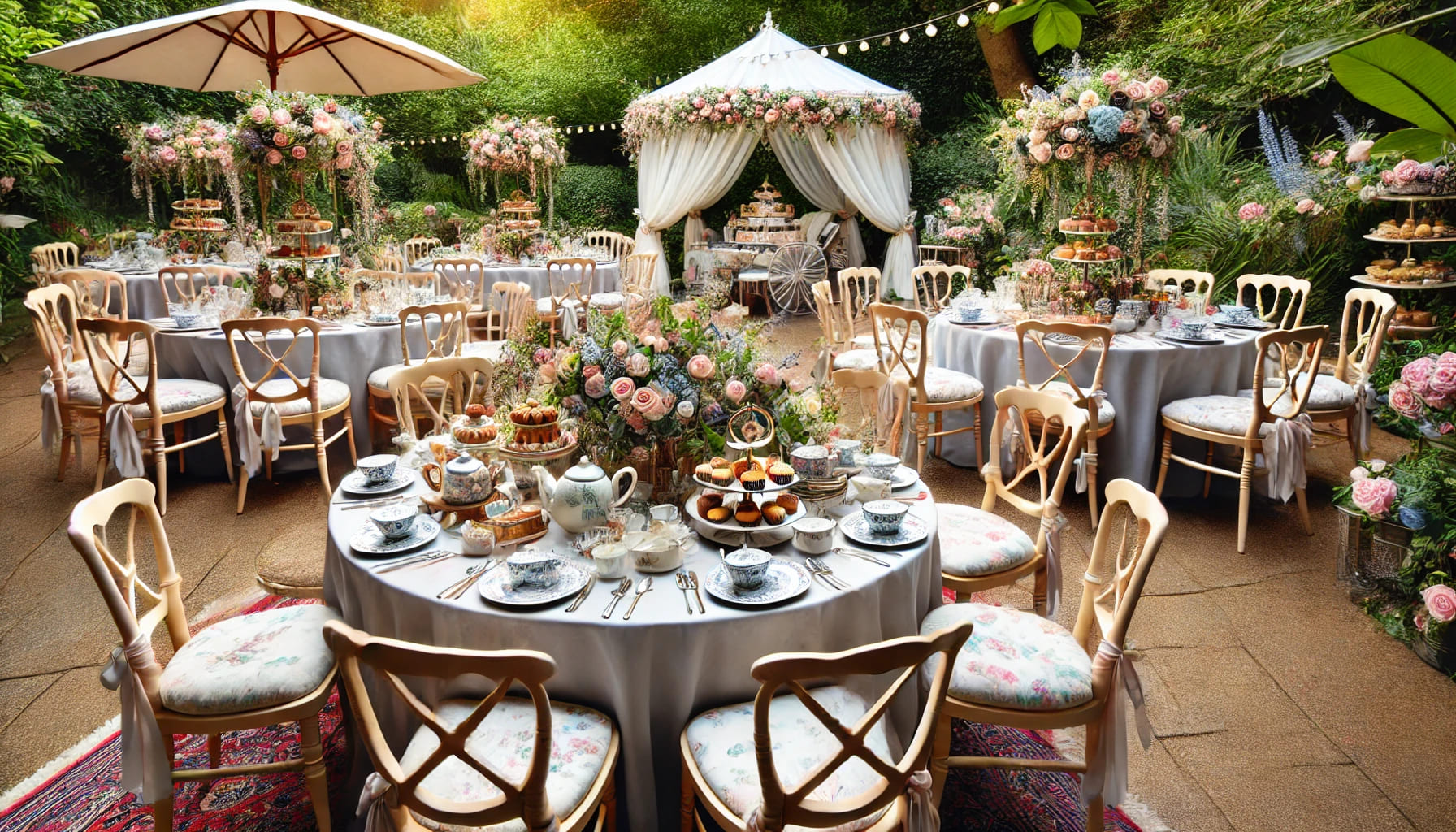 An elegant setup of hired furniture for a London tea party, featuring crossback chairs and beautifully decorated tables with tea sets, flowers, and pa