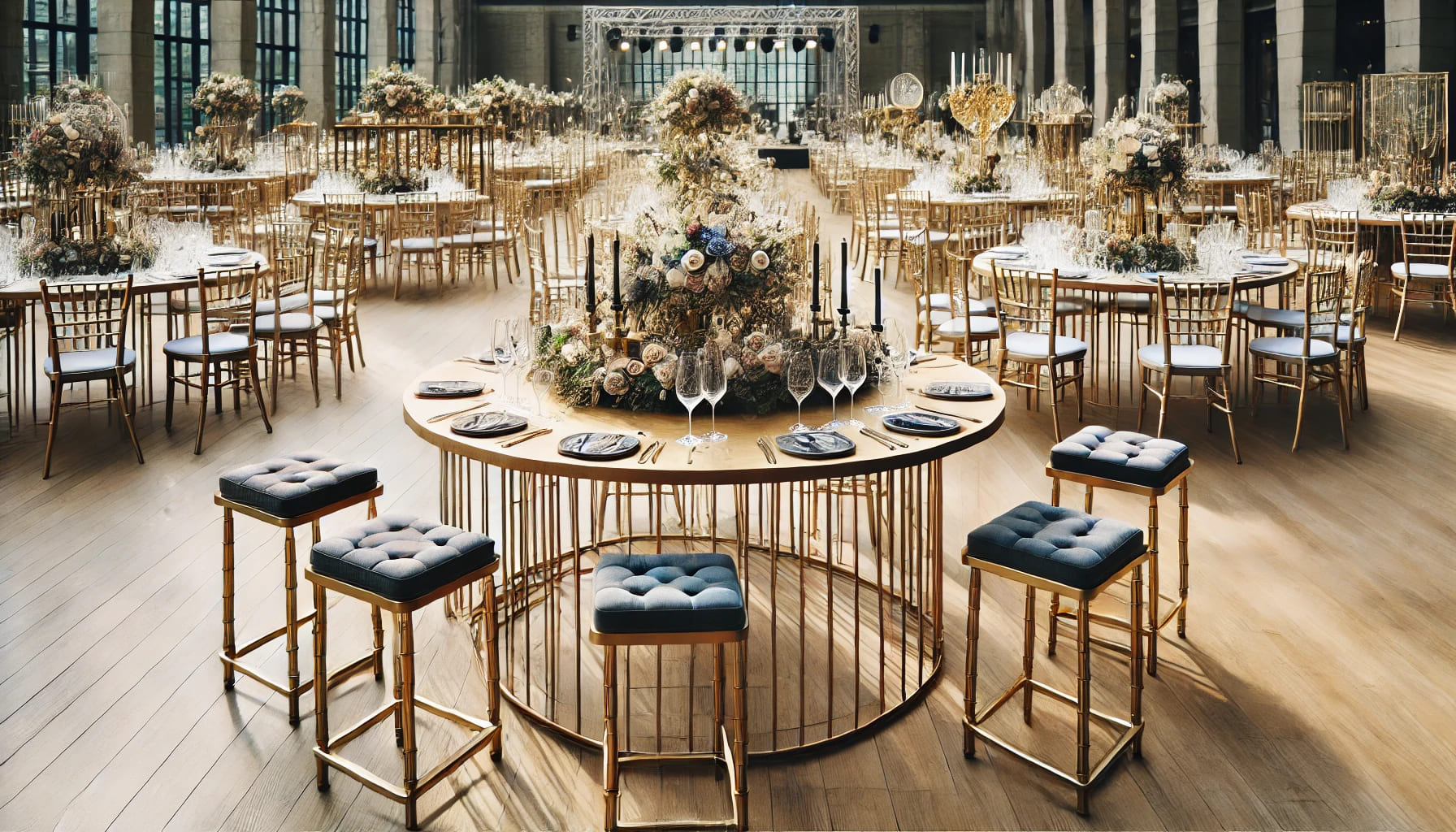 An event showcasing a mix of traditional and modern furniture styles, with classic Chiavari chairs and modern stools and tables, creating a unique aes