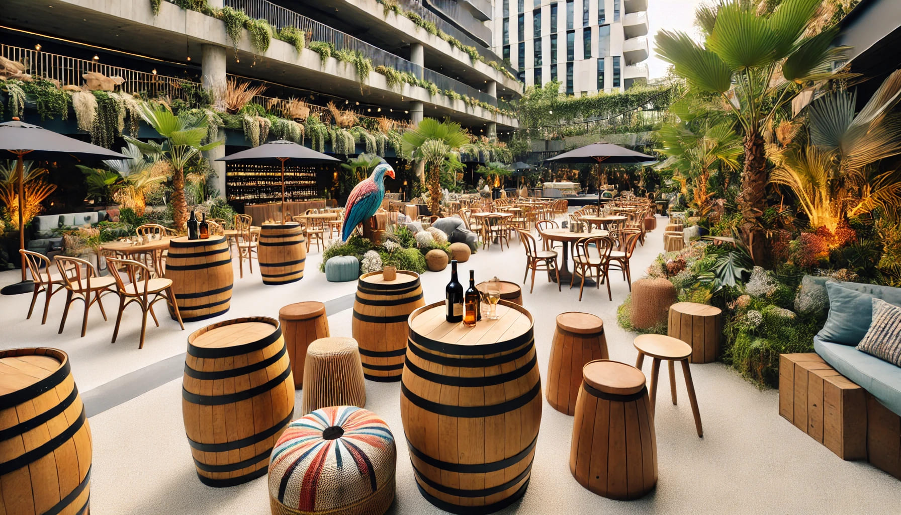 Outdoor event with unique furniture pieces like barrel tables and stools, set up in a spacious garden area