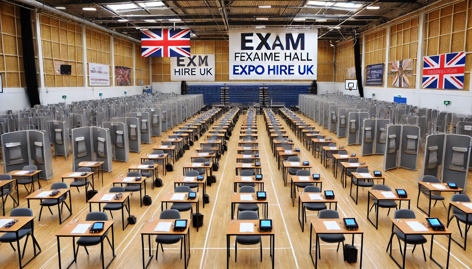 A UK exam hall filled with various exam furniture options provided by Expo Hire UK, including chairs, desks, and privacy screens. The hall is well-org