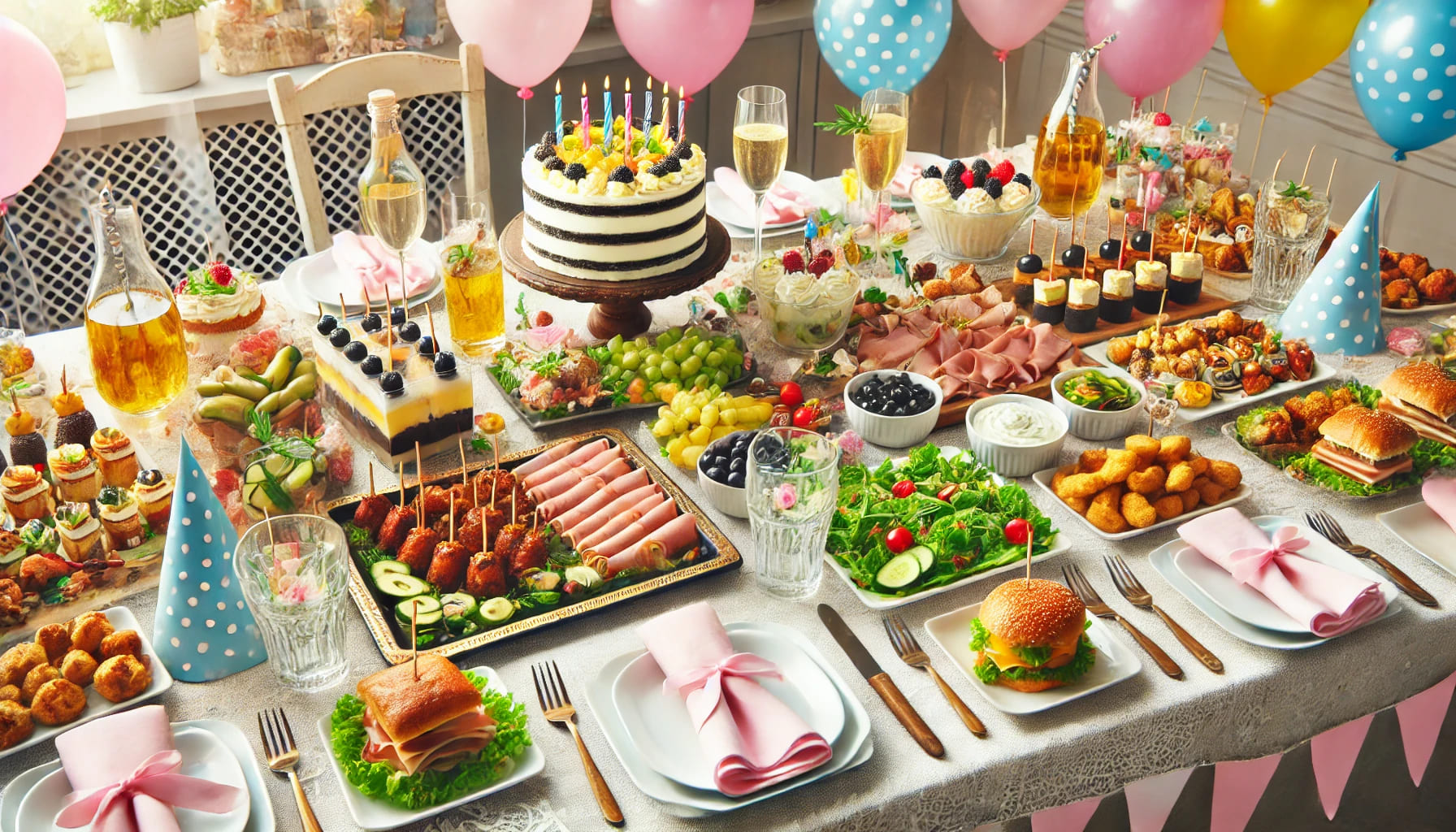 A beautifully arranged birthday party menu with various dishes and catering equipment set up on a table