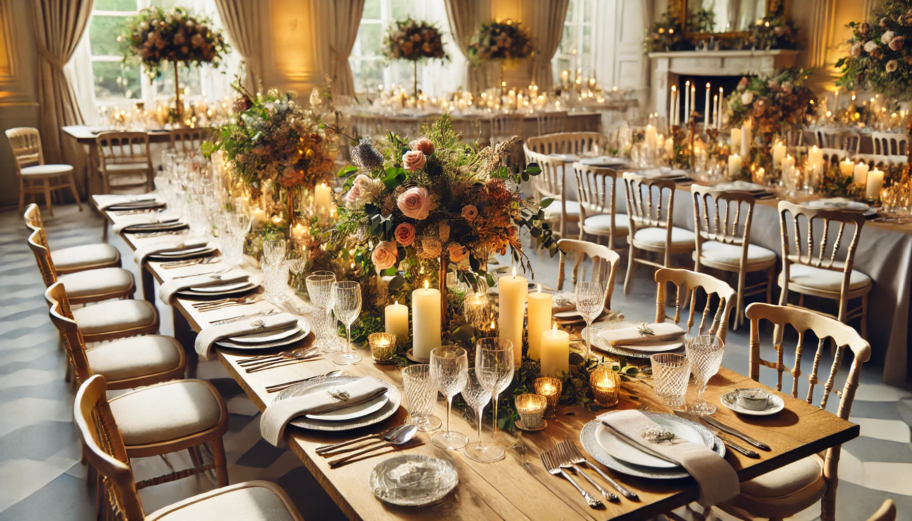 5 A beautifully arranged dining event in the UK with trestle tables set up for a banquet. The tables are adorned with elegant tableware, candles, and fl