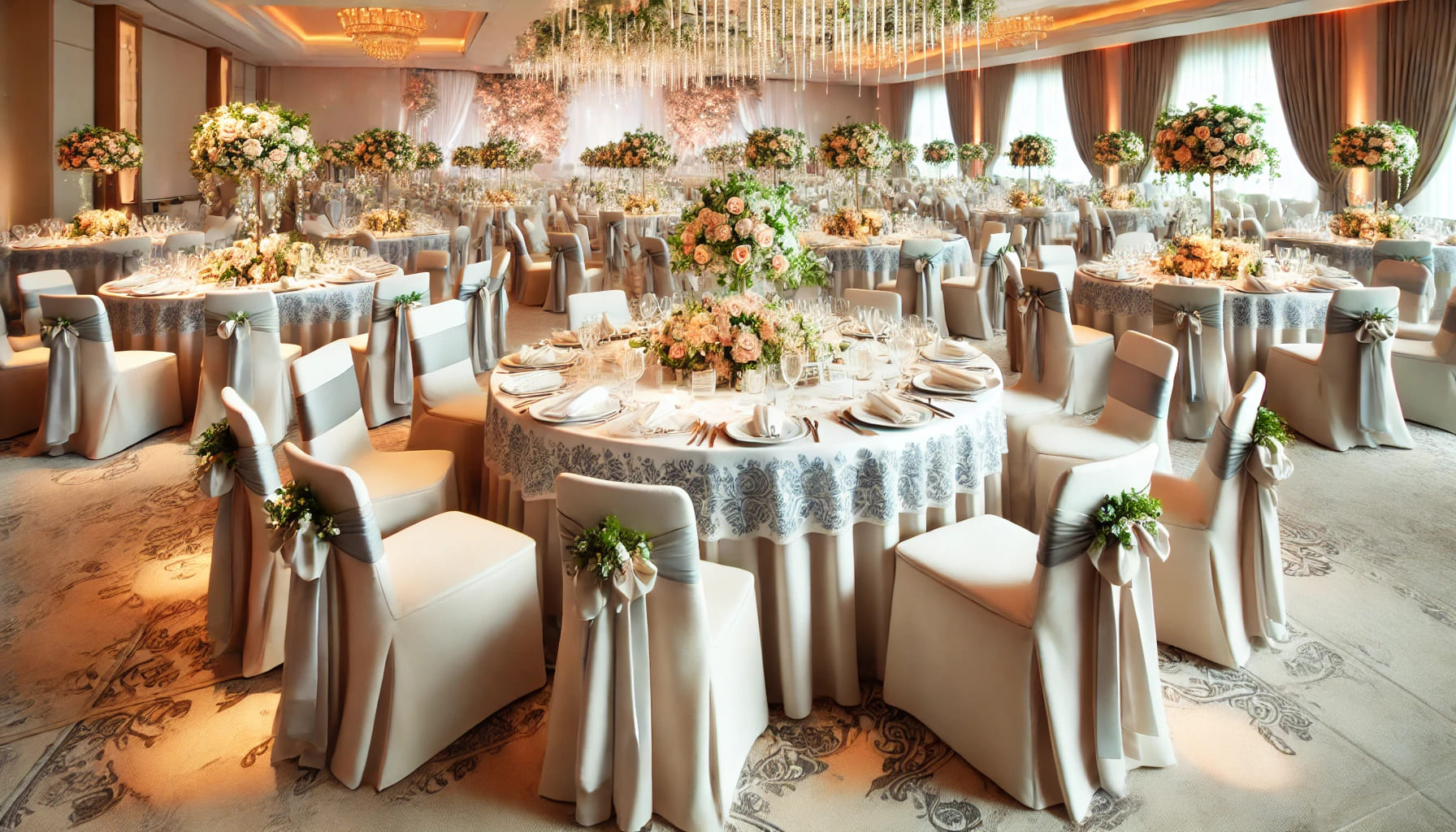 A beautifully coordinated wedding reception setup featuring linens that match the overall wedding theme. The image shows tables with matching tableclo