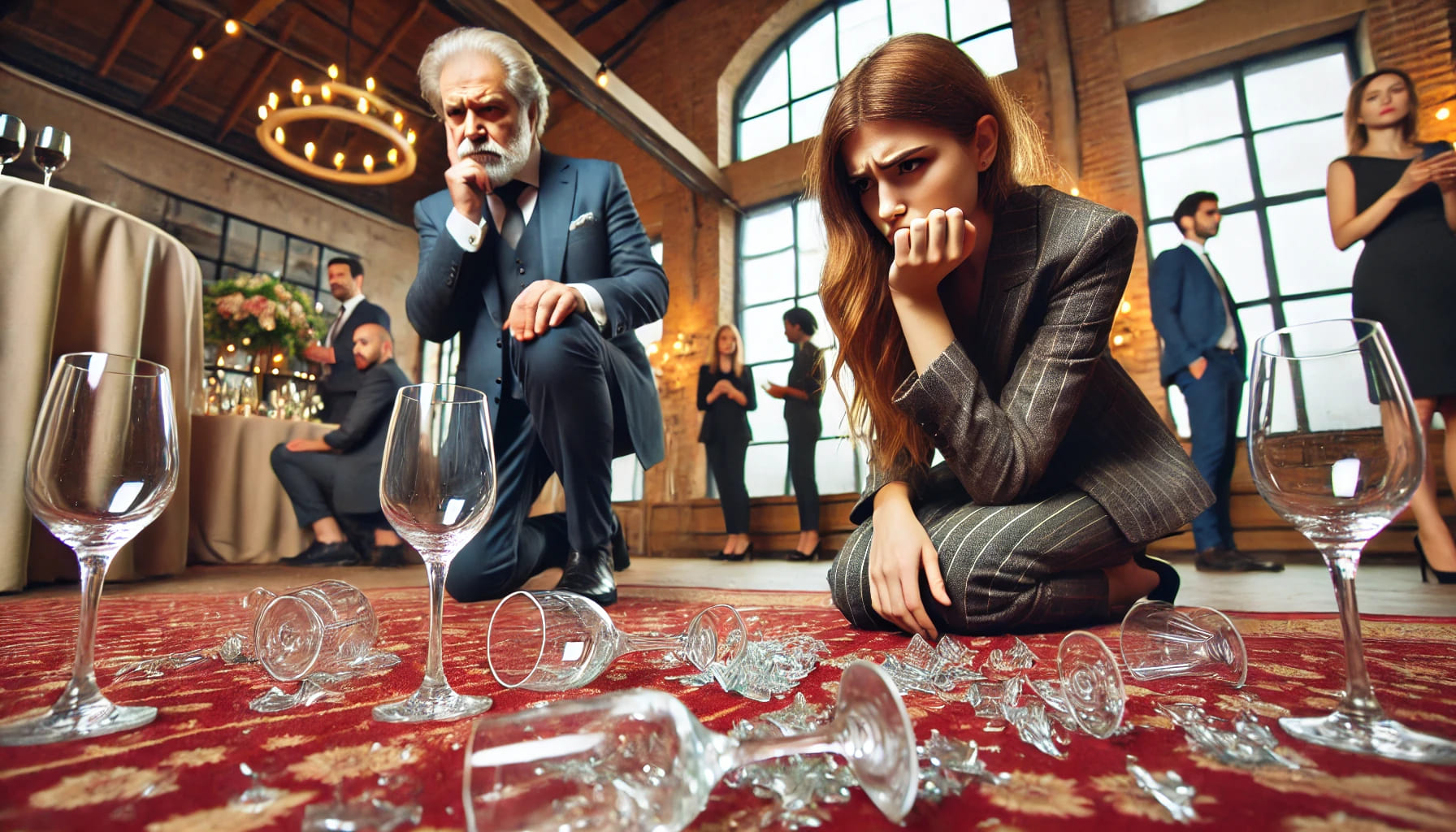 A broken wine glass on the floor at an event with a concerned event planner in the background