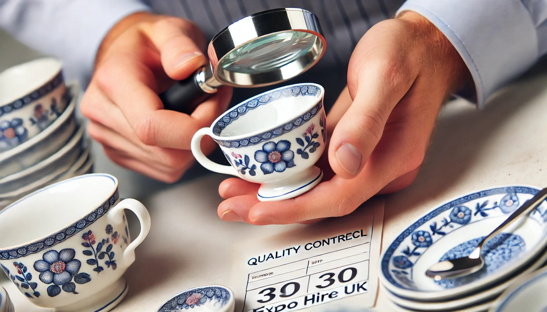 A close-up of a hand inspecting a piece of crockery, demonstrating the quality control process and attention to detail at Expo Hire UK