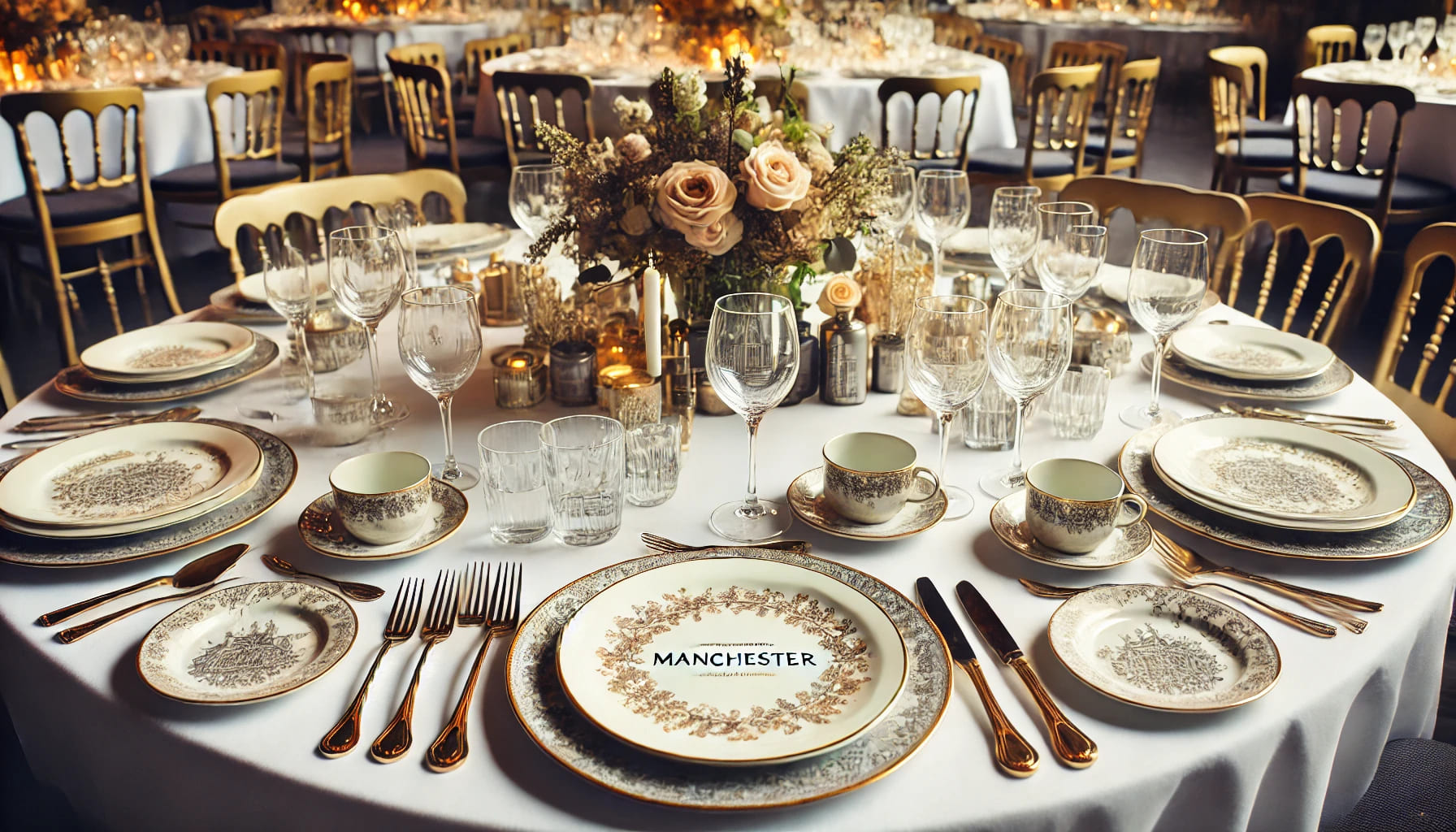 A cohesive table setting with matching plates, cutlery, and glassware for a Manchester event. The tableware is elegant and uniform, enhancing the over