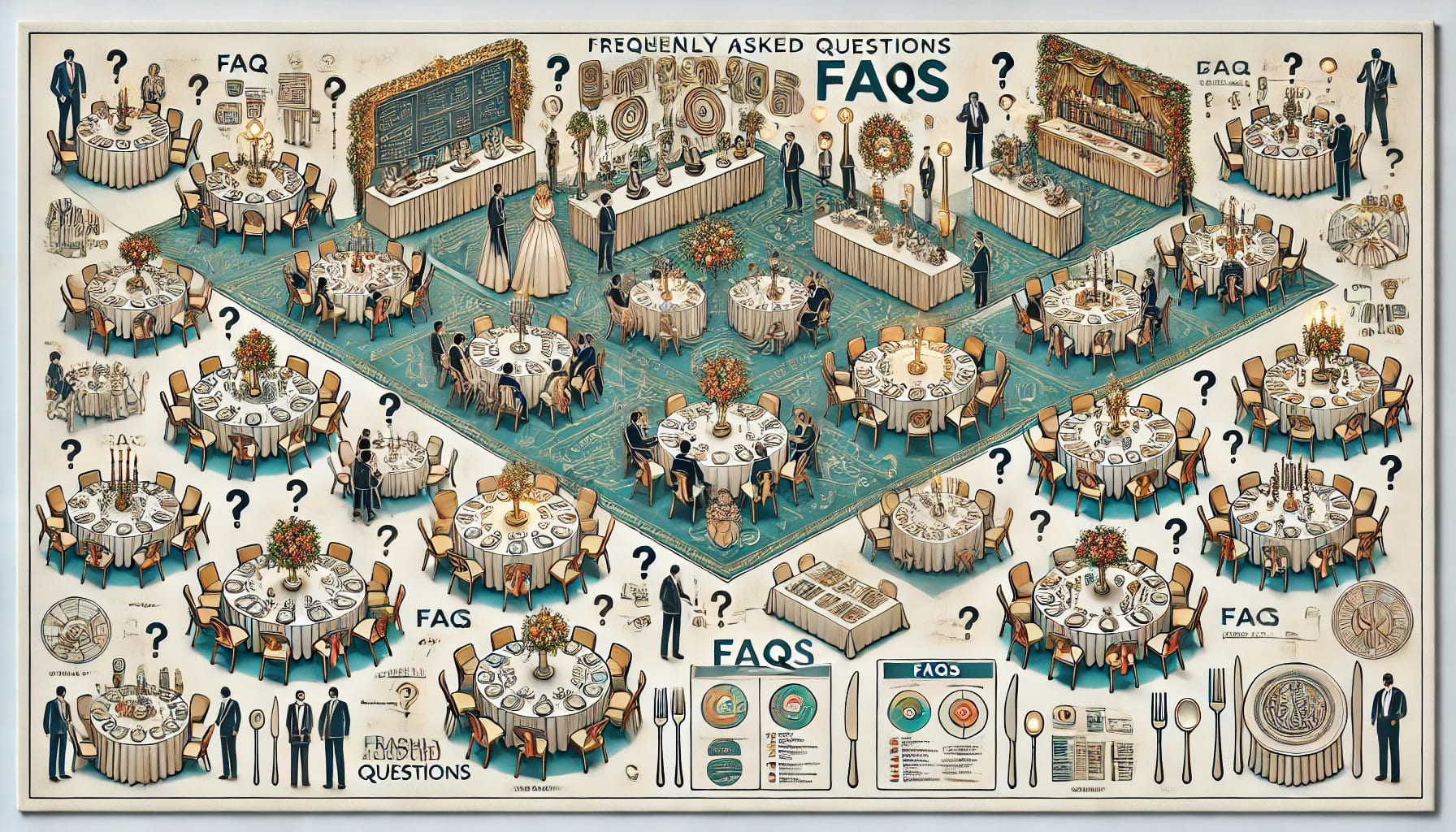 A comprehensive visual representation of frequently asked questions (FAQs) related to event planning, focusing on the use of table linens from Expo Hire