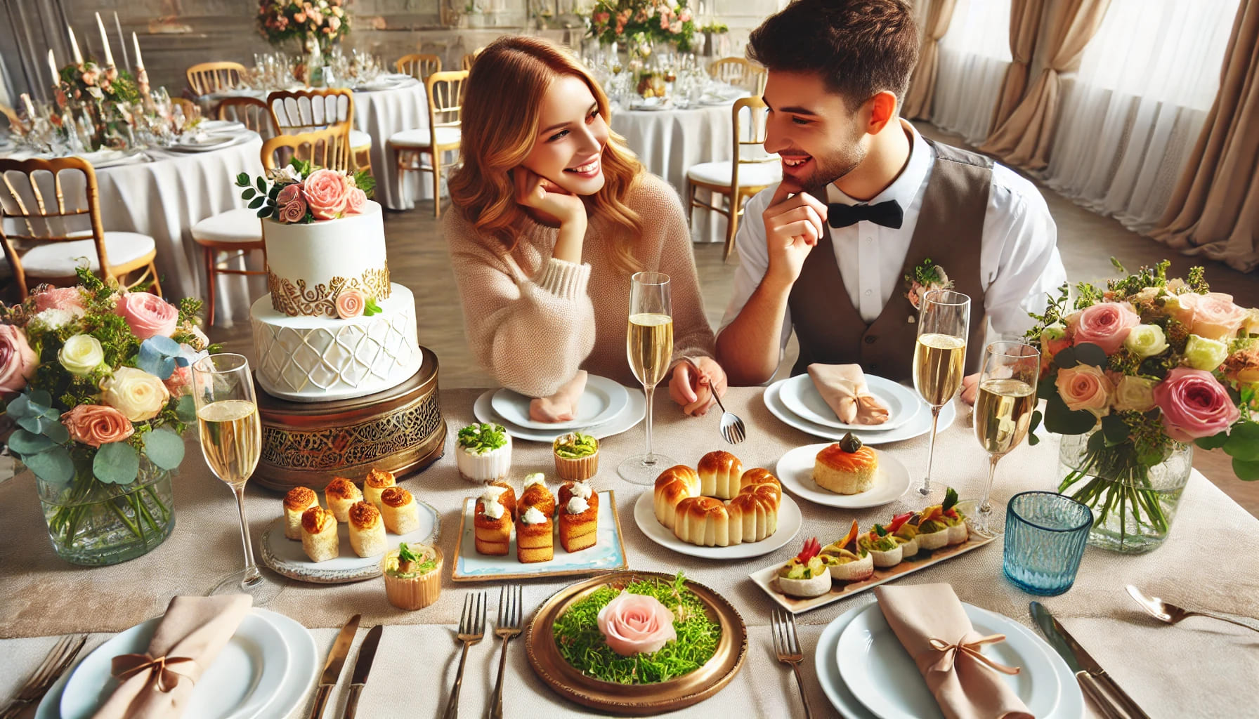 A couple tasting a variety of wedding dishes and cakes with a caterer at a beautifully set table