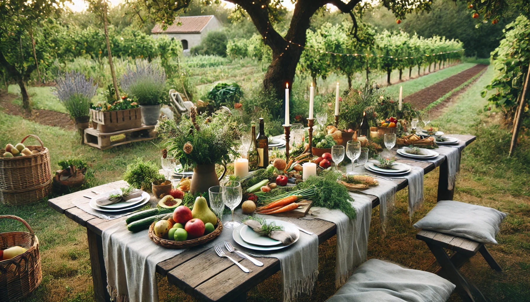 A farm-to-table dinner party set outdoors with a beautifully set table, fresh produce, and a rustic, natural atmosphere