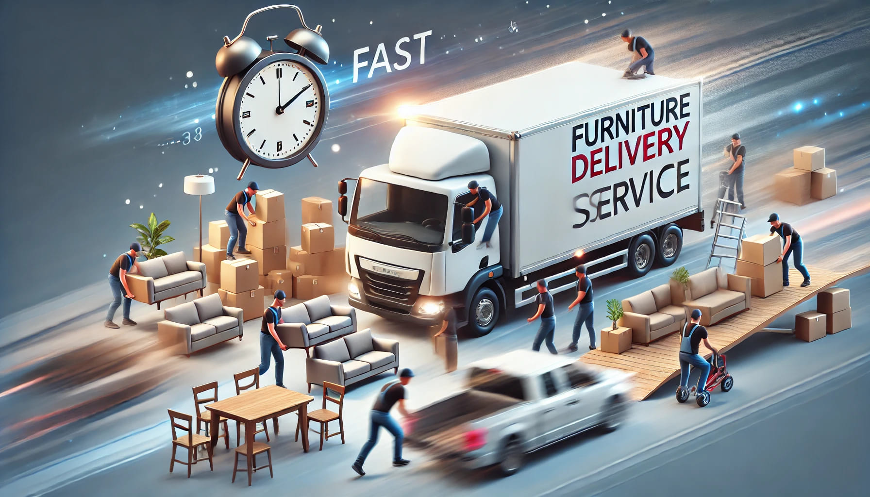 A fast and reliable furniture delivery service scene, showcasing delivery trucks and team members efficiently unloading and setting up furniture for