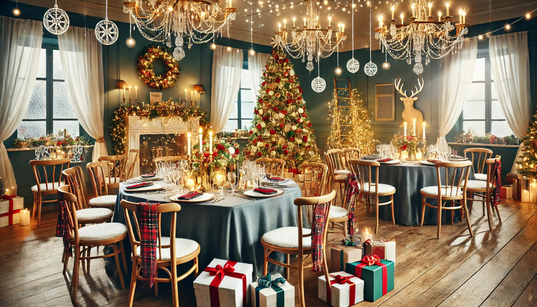 A festive Christmas party venue with decorations, tables, and a Christmas tree, ready for a last-minute booking. No text