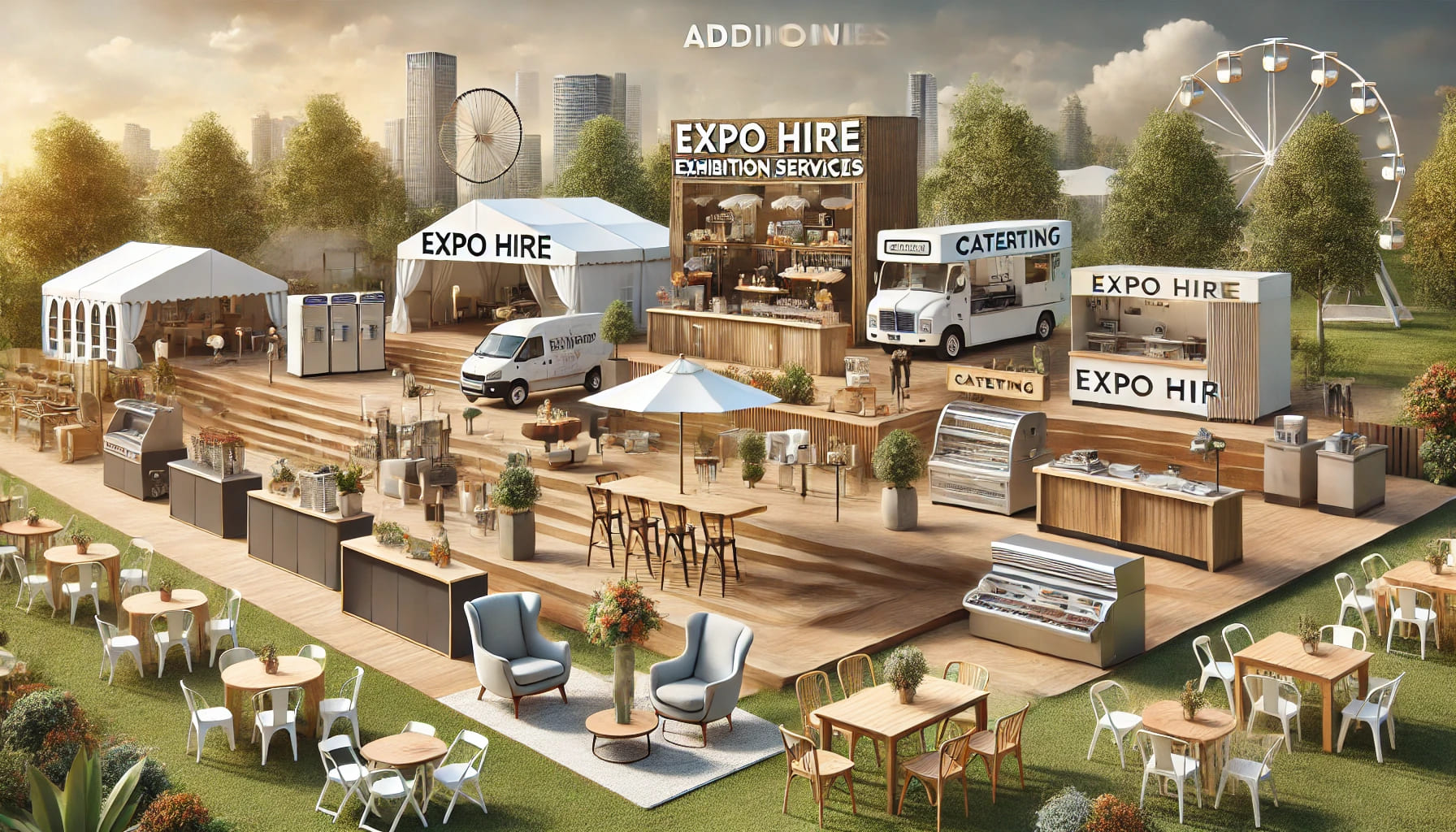 A landscape-oriented image showcasing a range of additional event services provided by Expo Hire. The image includes elements like exhibition furniture