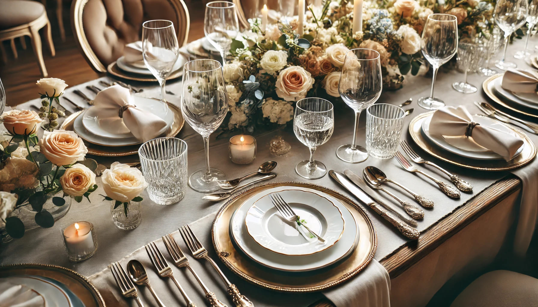 A polished event table setting with coordinated glassware, plates, and cutlery, showing the elegance of matching tableware