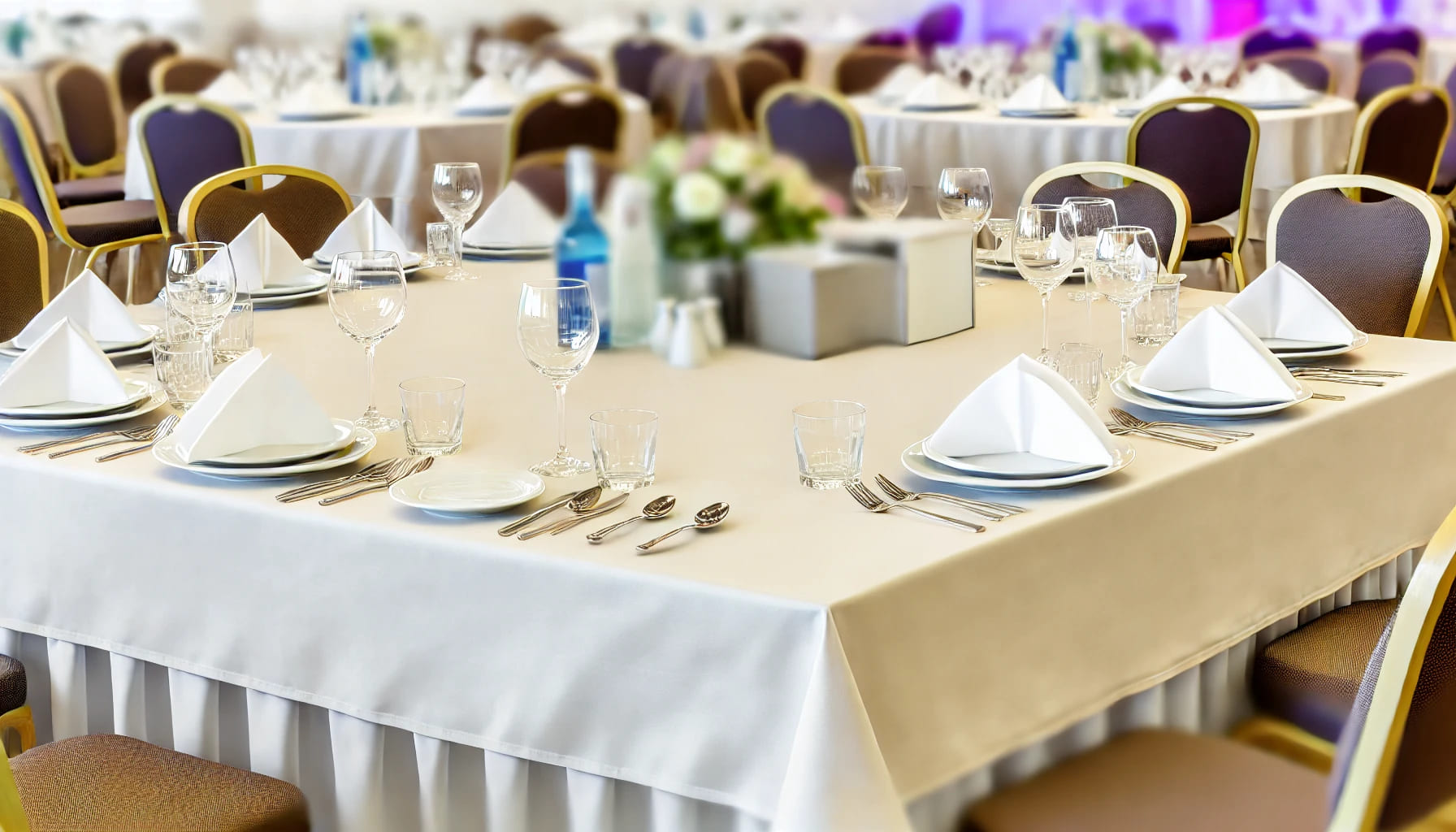 A realistic image in landscape orientation of a beautifully set dining table at an event, showcasing how high-quality table linens enhance the dining