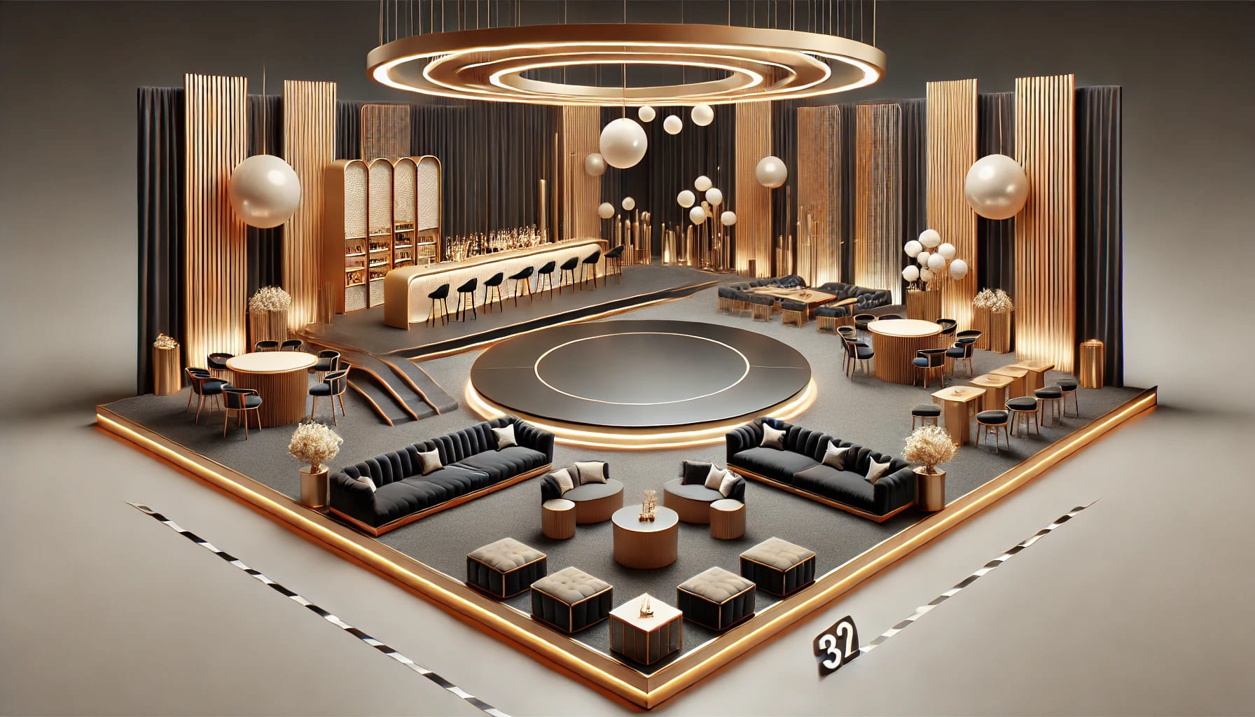 A realistic image of a stylish event setup featuring a focal point like a central bar area or a stage with luxurious furniture, including a modular da