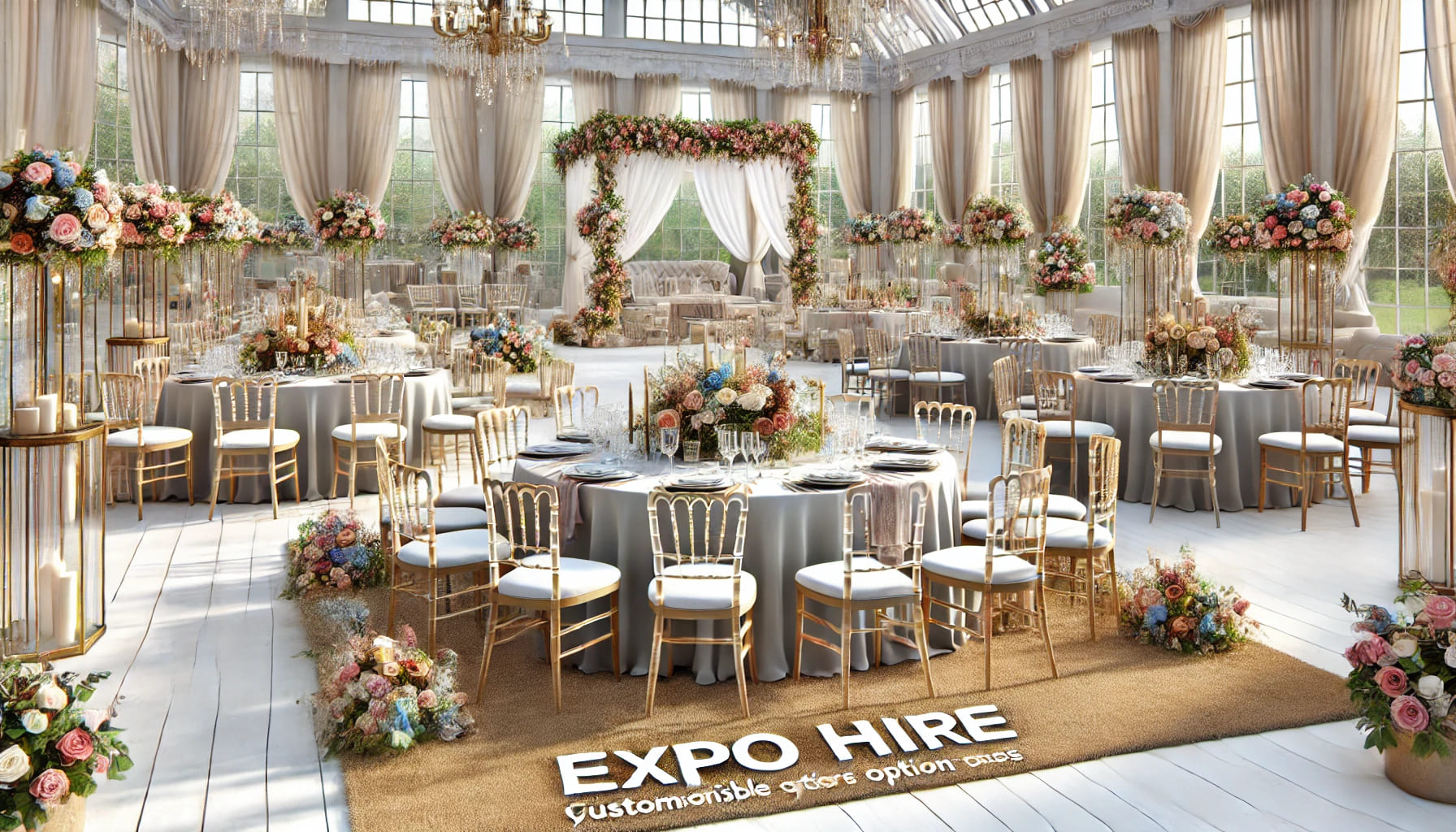 A realistic image of a wedding setup showcasing customisable options provided by Expo Hire. The scene includes a mix of different chairs, tables, and