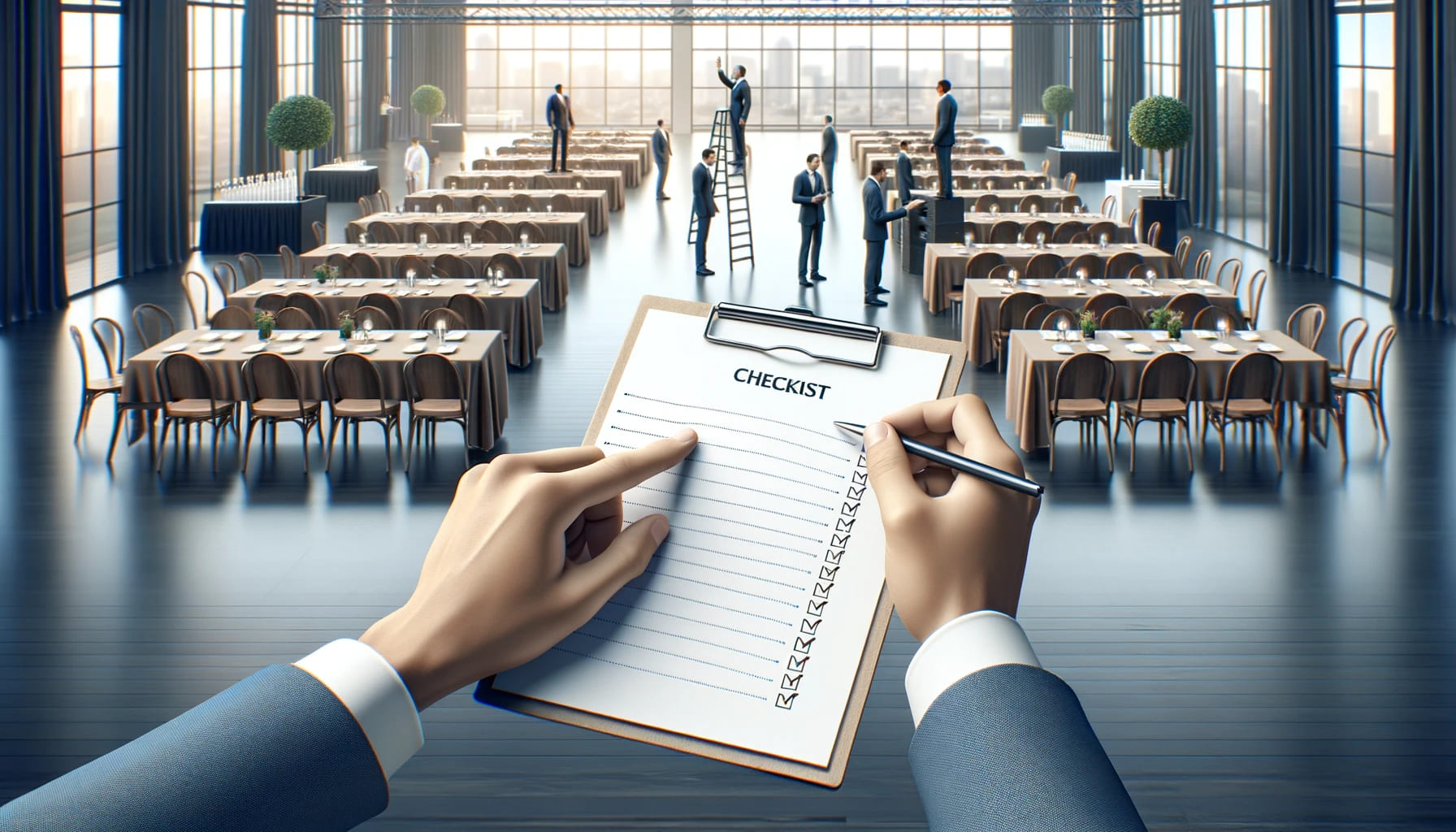 A realistic image of an event planner reviewing a checklist while tables and chairs are being arranged in the background. The image should convey the