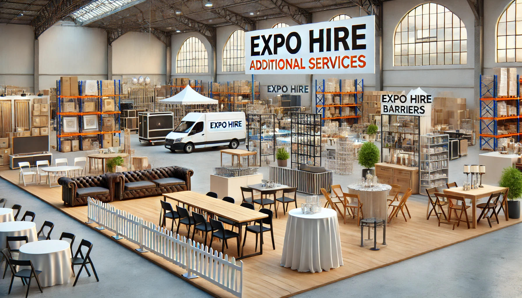 A realistic image showcasing additional services provided by Expo Hire, such as a variety of event furniture and equipment. The image features a well-