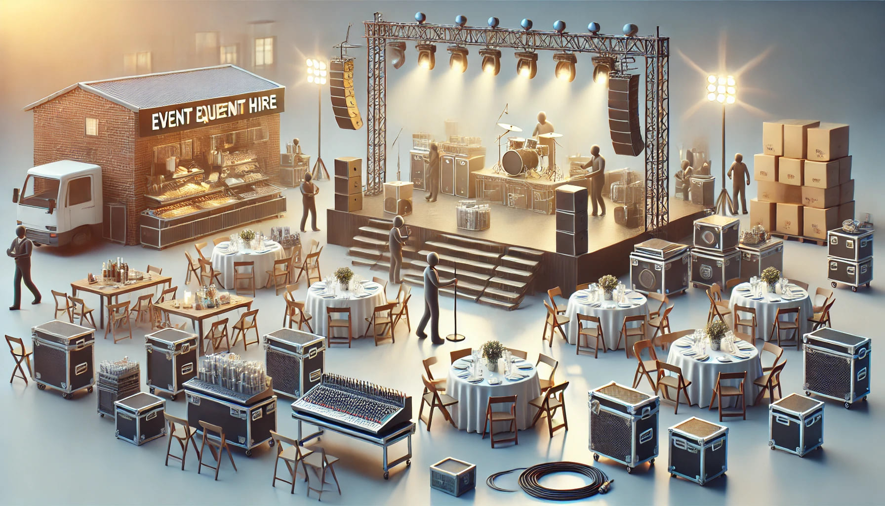 A realistic image showcasing reliable event equipment hire services, with a focus on setup and preparation. The scene includes various event furniture