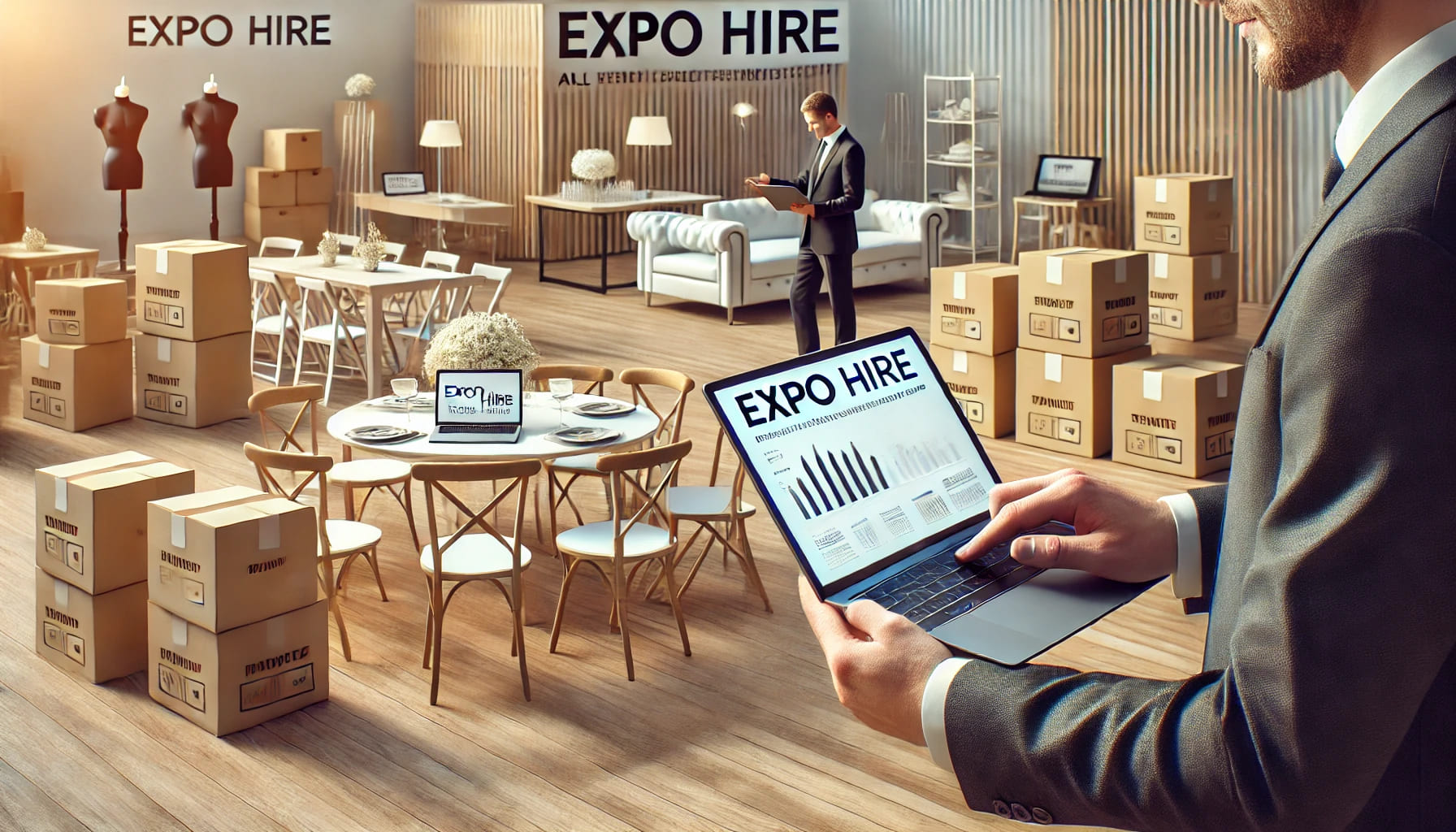 5 A realistic image showing an event planner working with a laptop and tablet, surrounded by well-organized rental furniture ready for an upcoming event