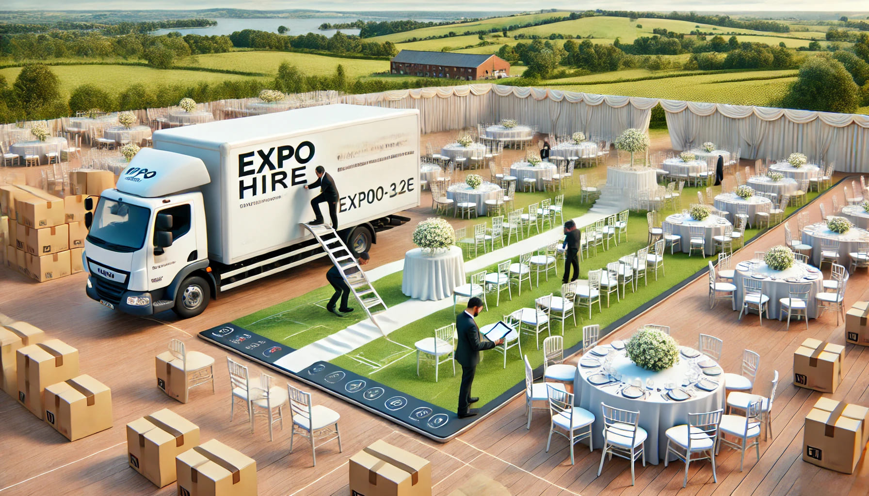 A realistic landscape image showing a delivery team setting up wedding furniture at an event venue. The scene includes a delivery truck from Expo Hire