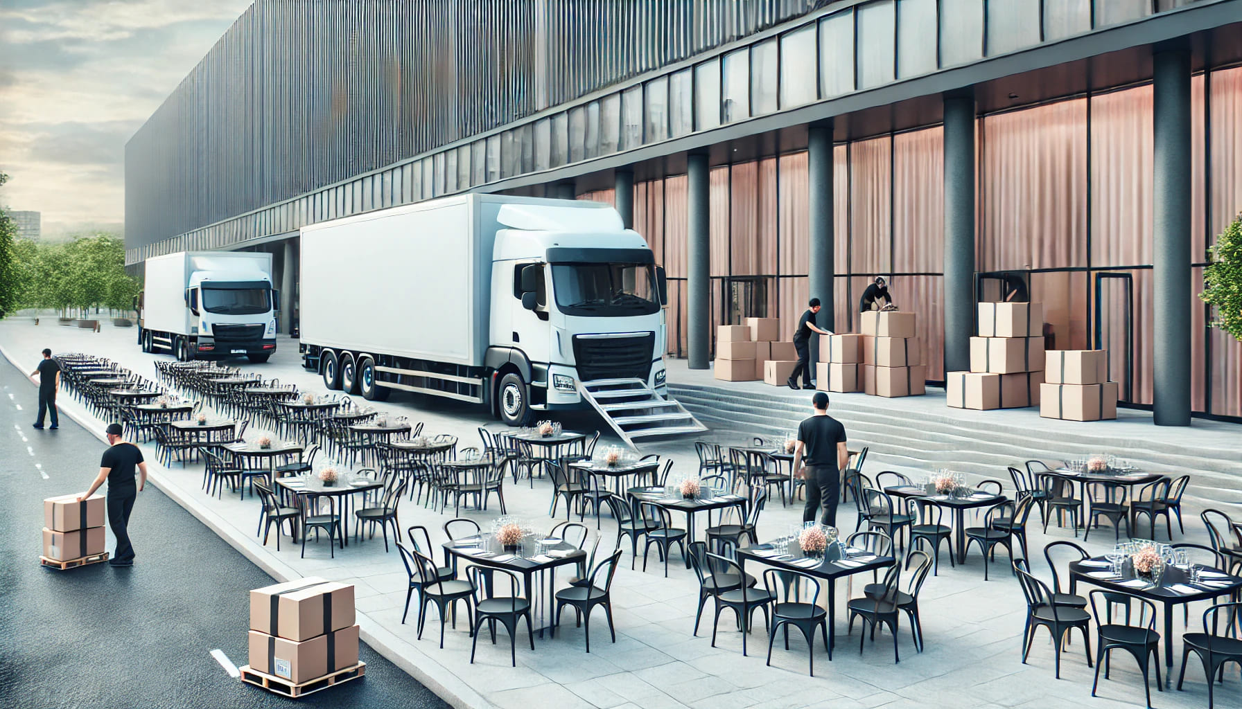 A realistic, well-lit image showing delivery trucks parked outside a venue, with delivery personnel unloading and setting up tables and chairs. The sc