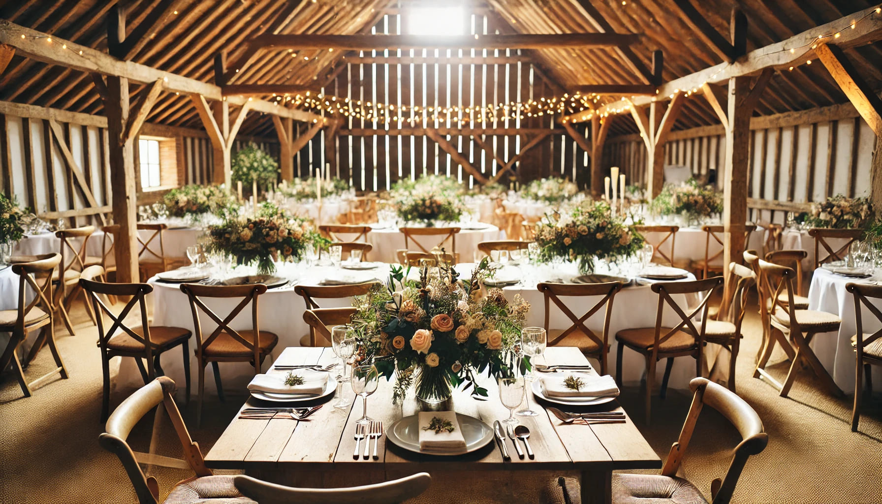 A rustic wedding setup with wooden tables, cross back chairs, and simple floral centerpieces, set in a charming barn with warm lighting and wooden bea