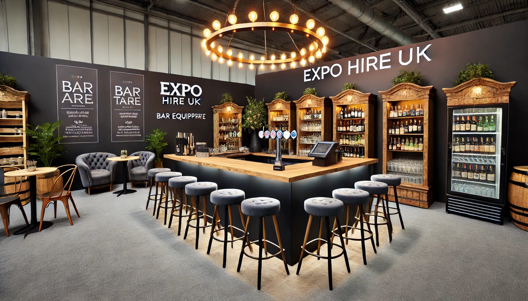 A stylish bar area setup with stools, bar tables, and display cabinets, showcasing Expo Hire UK's bar equipment