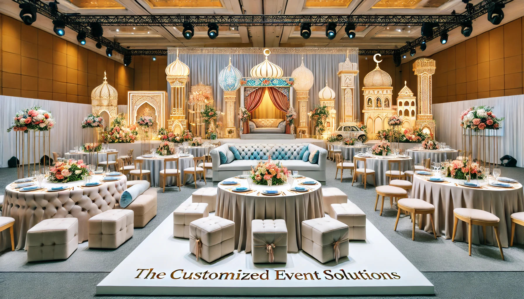 5 A tailored event setup with rental furniture, showing custom-designed seating arrangements and decor for a themed event. The scene highlights the cust