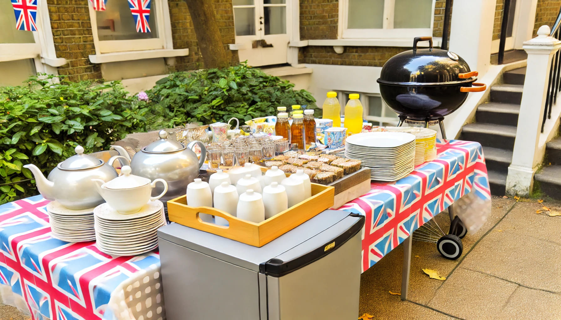 A variety of catering equipment set up for an afternoon tea party in London, including tea pots, cups, serving trays, fridges, and a BBQ grill, arrang