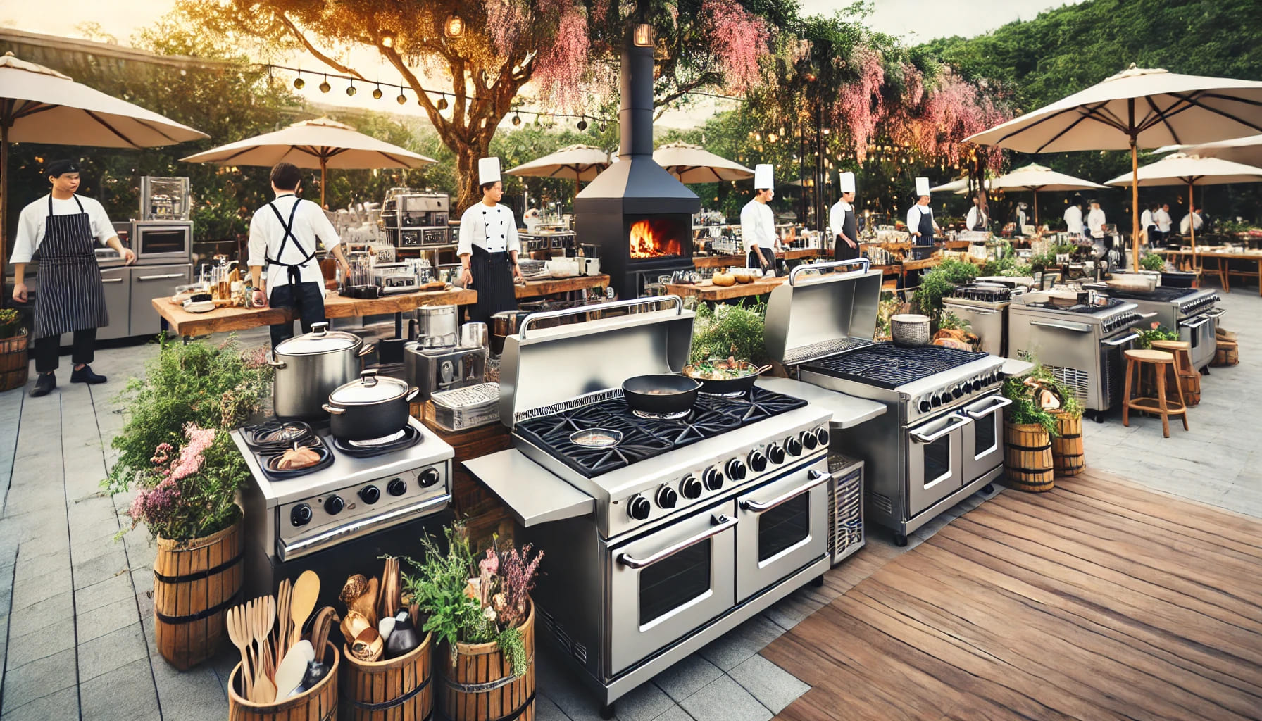 A variety of cooking equipment including stoves, ovens, and barbecues set up in an outdoor event setting with chefs preparing food