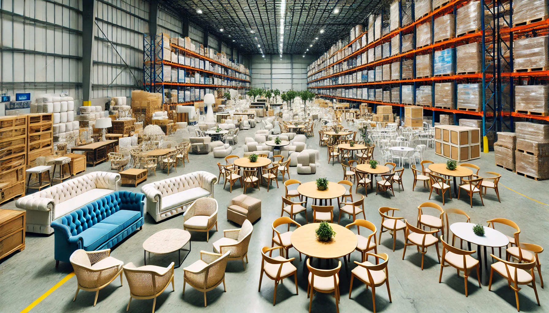 A variety of event furniture including chairs, tables, and lounge seating displayed in a warehouse, ready for rental