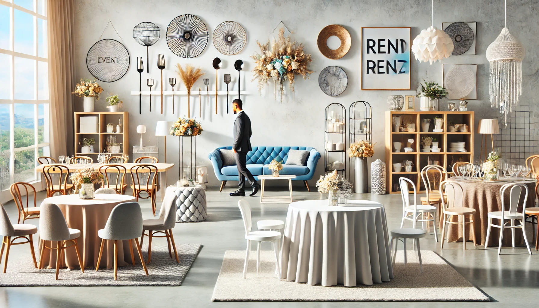 A variety of rented furniture being chosen for an event, including tables, chairs, and decorative items, displayed in a stylish showroom. The setting