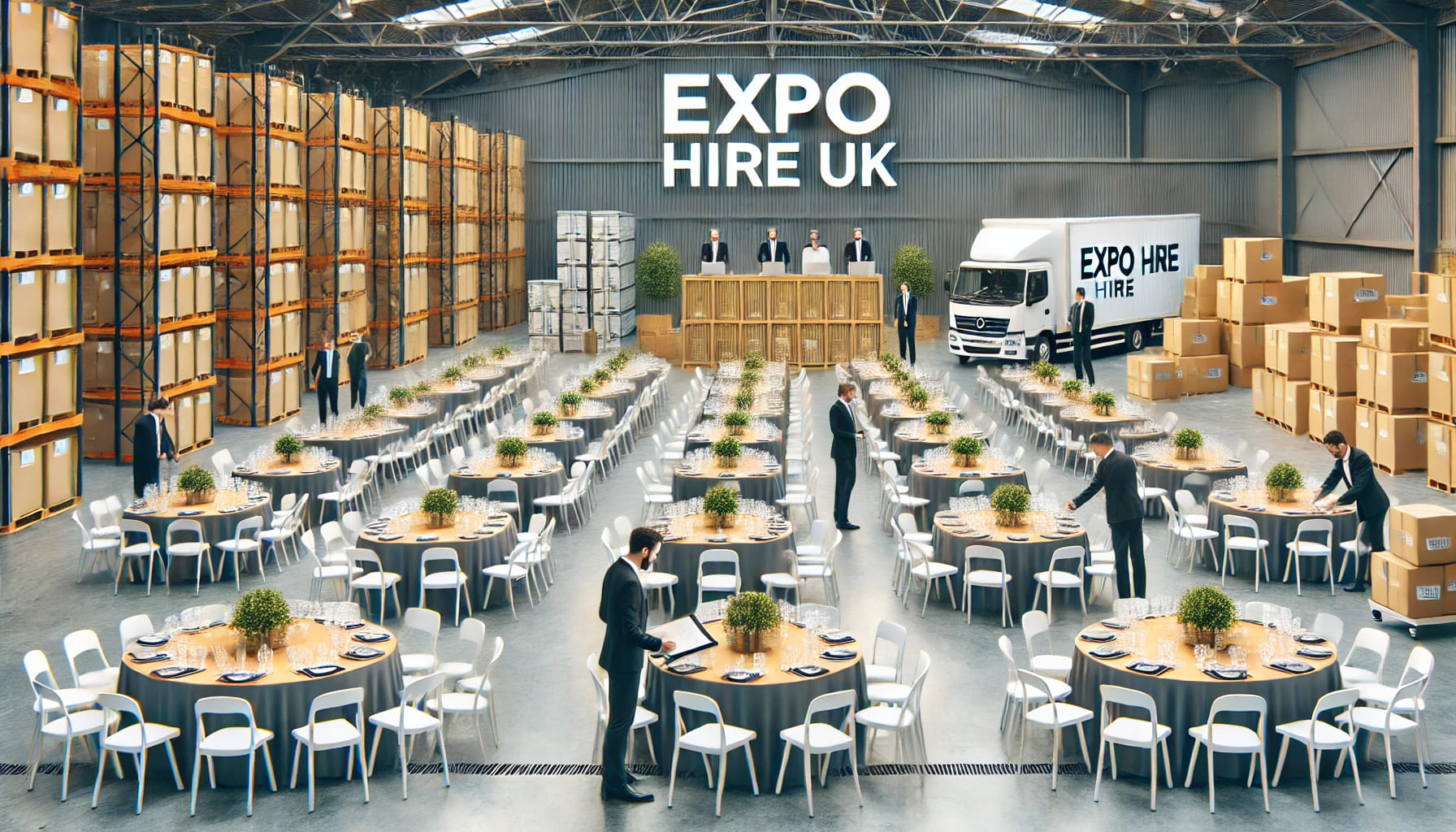 A well-organised event setup showcasing the convenience and efficiency of furniture hire services from Expo Hire UK, featuring neatly arranged tables