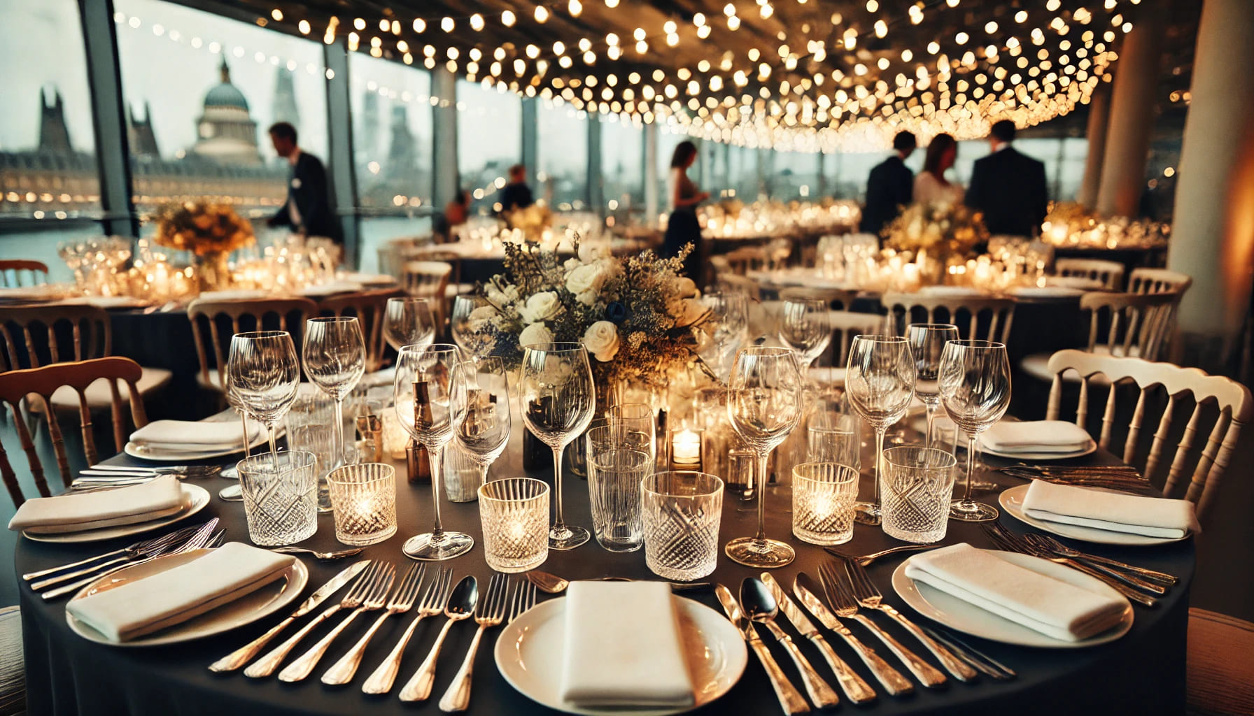 A well-organised event table with matching glassware, including wine glasses and tumblers, creating a cohesive and elegant look for a London event