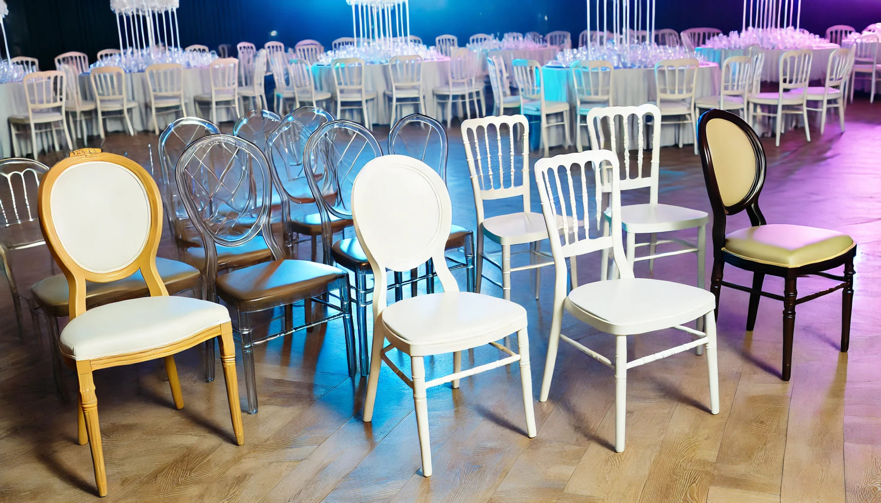 An assortment of stylish chairs in an elegant event setting. The scene should feature different chair designs, arranged tastefully in a formal venue,