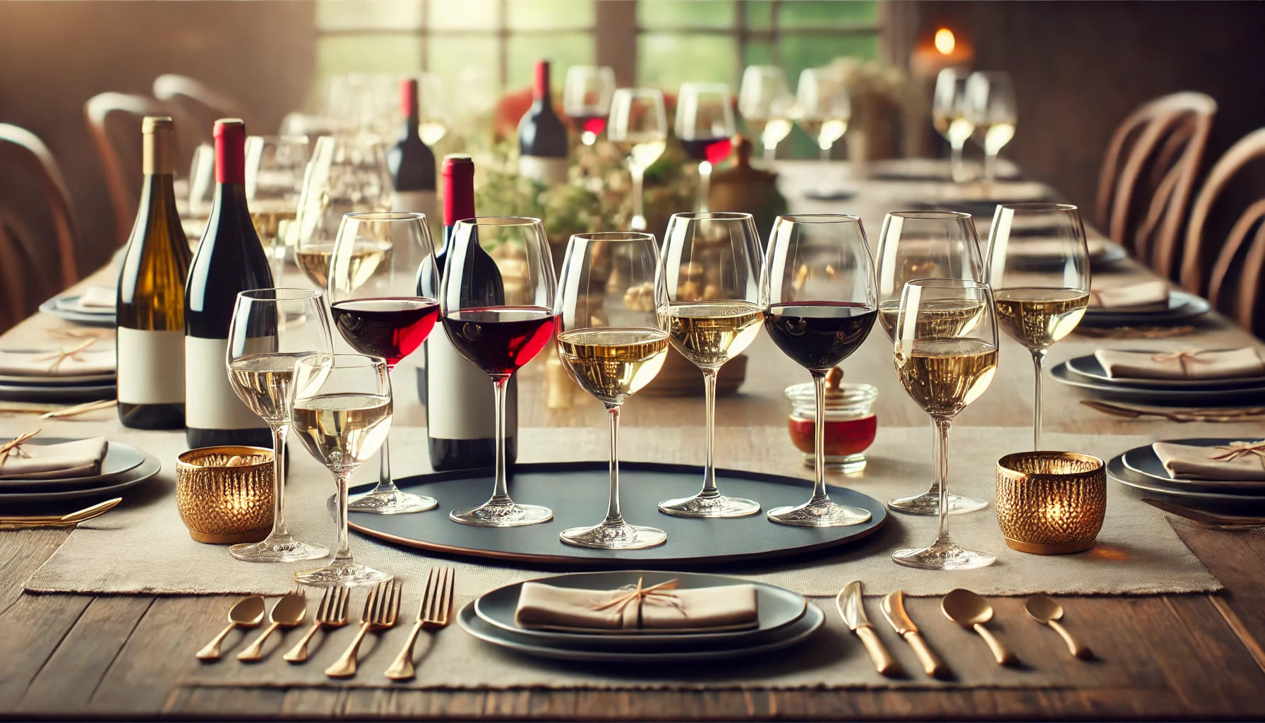 An assortment of wine glasses arranged elegantly on a table, with both red and white wine options. The setting should be suitable for a formal event.