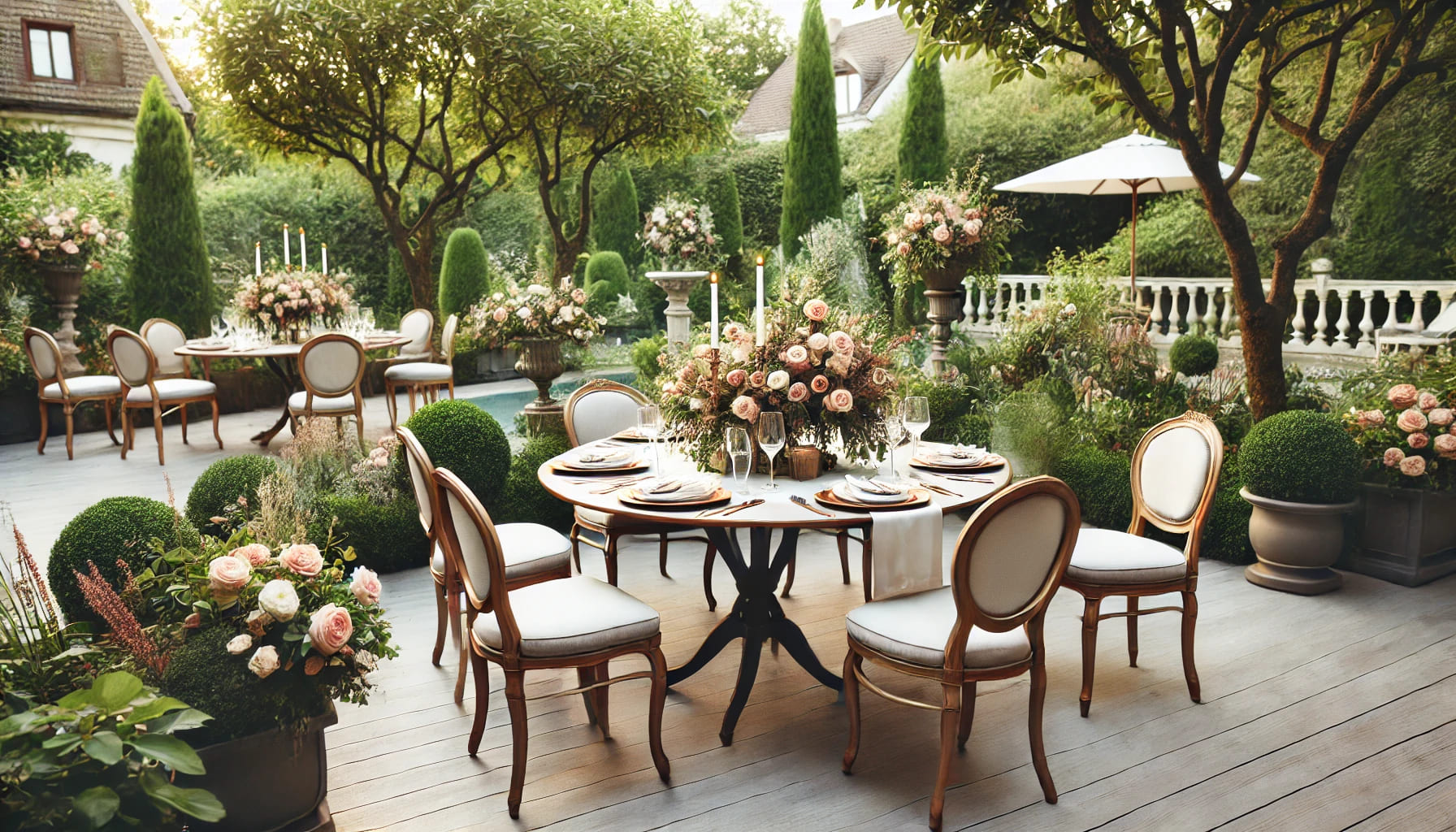 An elegant bistro table setup for an outdoor event. The table is set with stylish decorations and surrounded by matching chairs in a picturesque garde