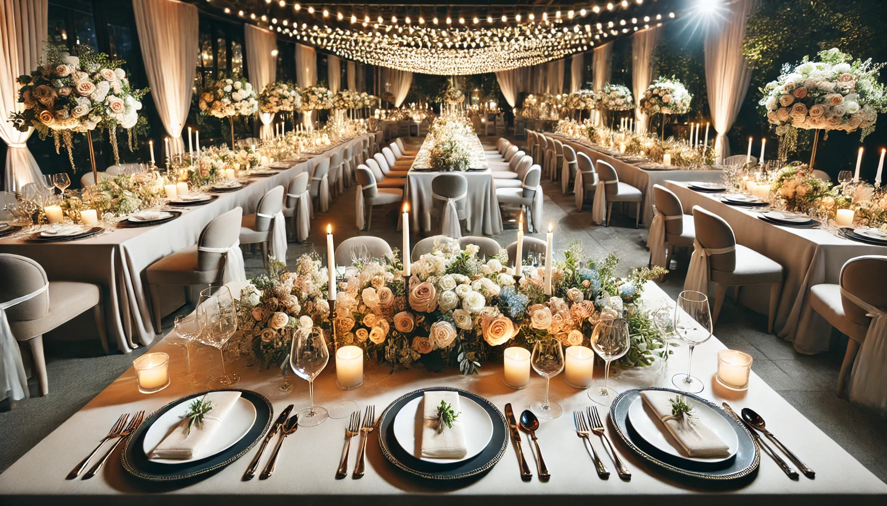 An elegant wedding reception dining arrangement with rectangular tables, decorated with candles, floral centrepieces, and high-quality tableware. The