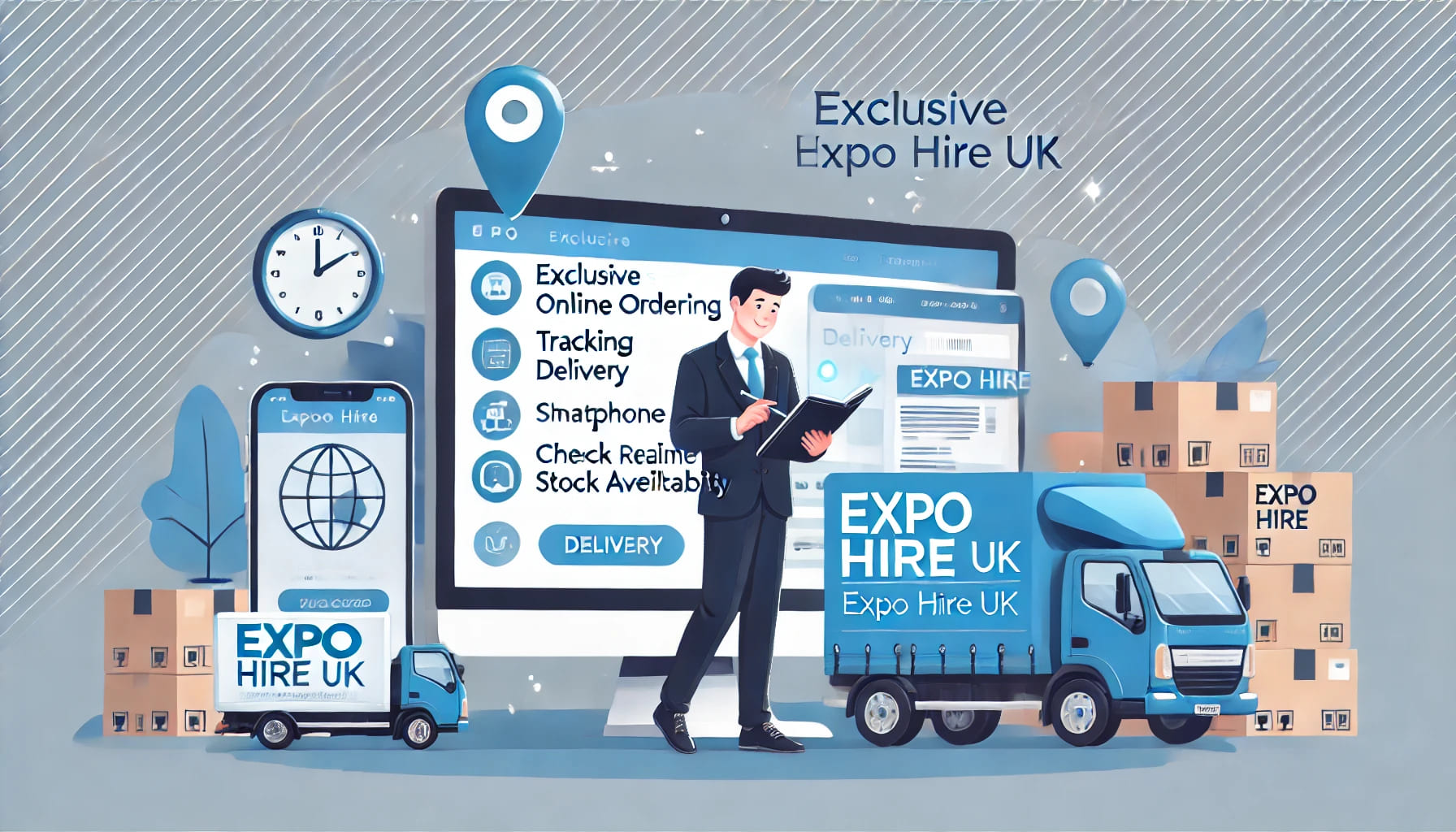 An image depicting the exclusive services offered by Expo Hire UK. Show a customer browsing the website for online ordering, tracking delivery on a sm