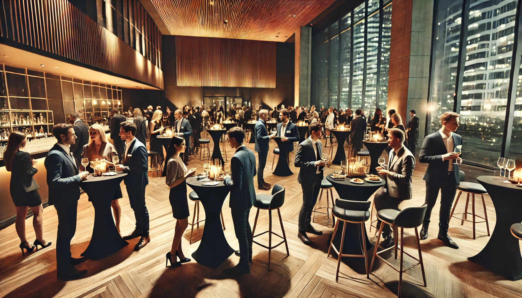 An indoor networking event with poseur tables arranged for guests to stand and mingle. The venue has ambient lighting and a modern decor, with poseur