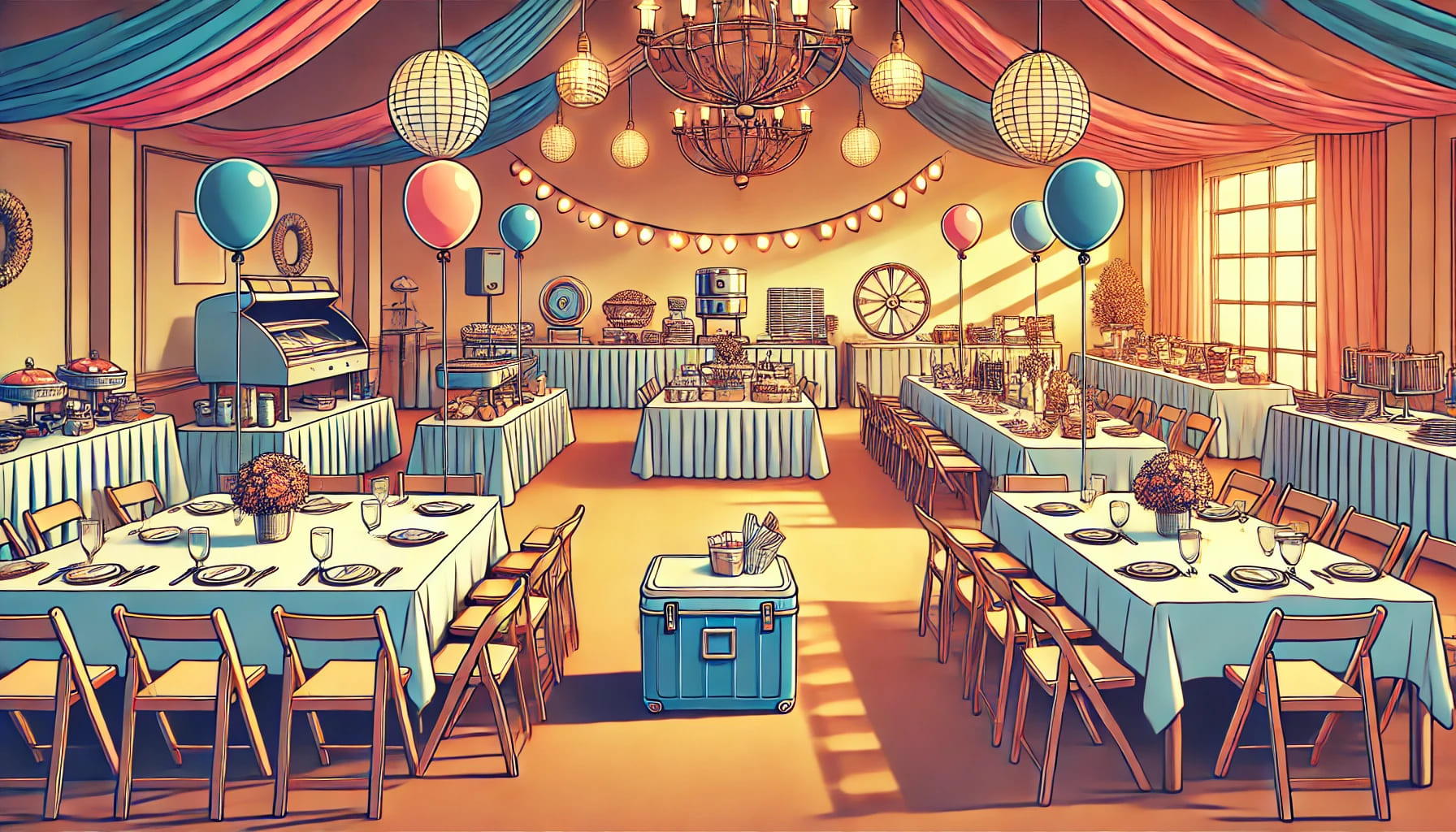 An indoor party setup with essential items like buffet counters, dining tables, and good lighting. The room is decorated and ready for a surprise part