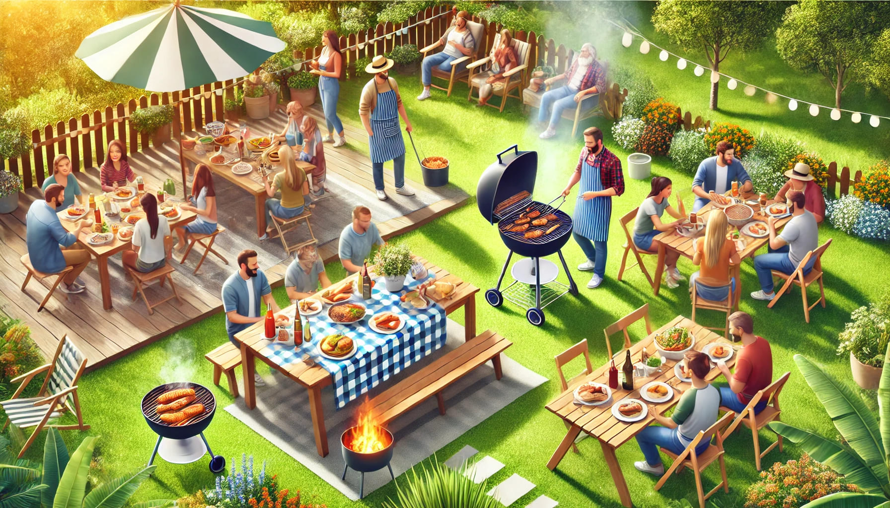 An outdoor BBQ party with friends and family. The setup includes a barbecue grill, tables with food, chairs, and people enjoying the food and company