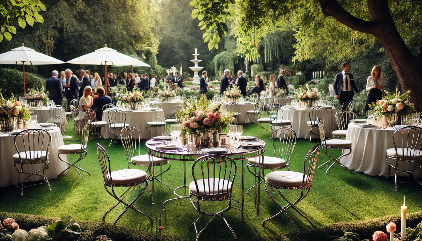 An outdoor event setup featuring classic chrome bistro chairs and tables in a garden setting, with guests enjoying the elegant atmosphere