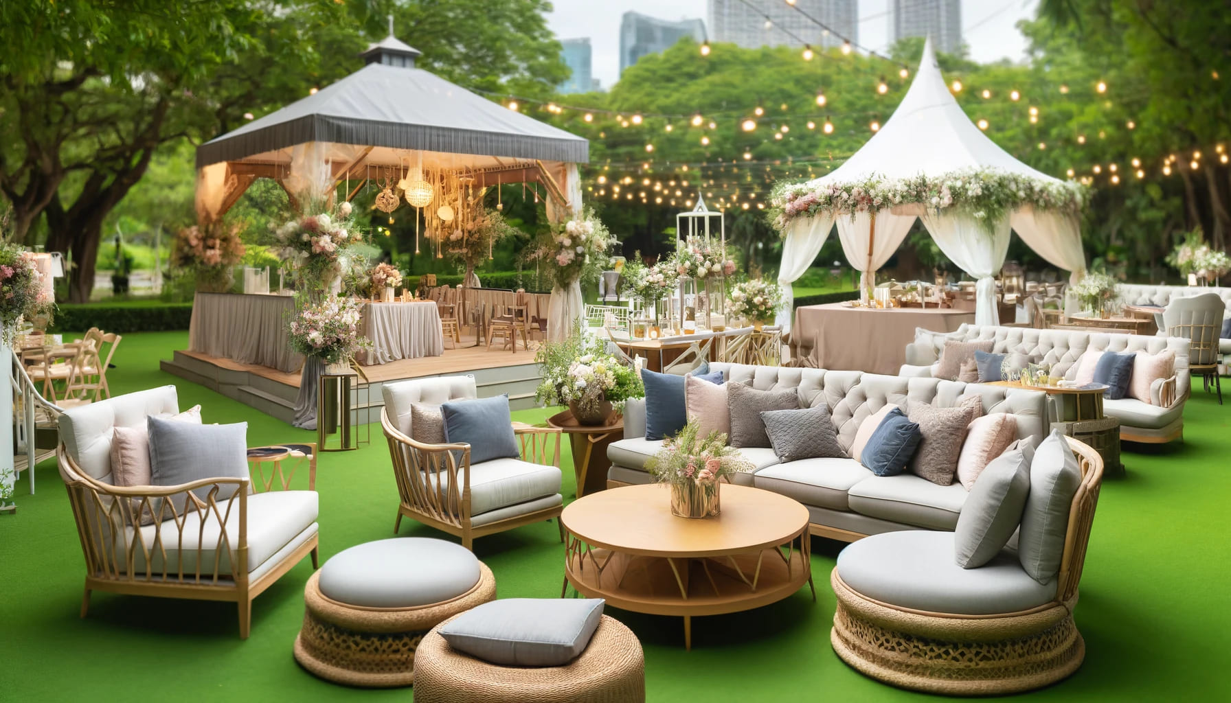 An outdoor event setup with stylish outdoor furniture including comfortable seating, gazebos, and decorative elements, highlighting a garden party or