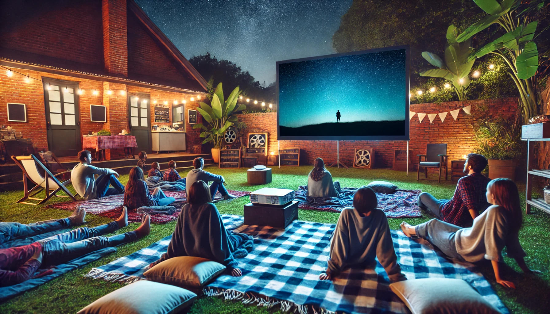 An outdoor movie night setup with a large screen, projector, blankets, and cushions on the grass. People are sitting and lying down, watching a movie