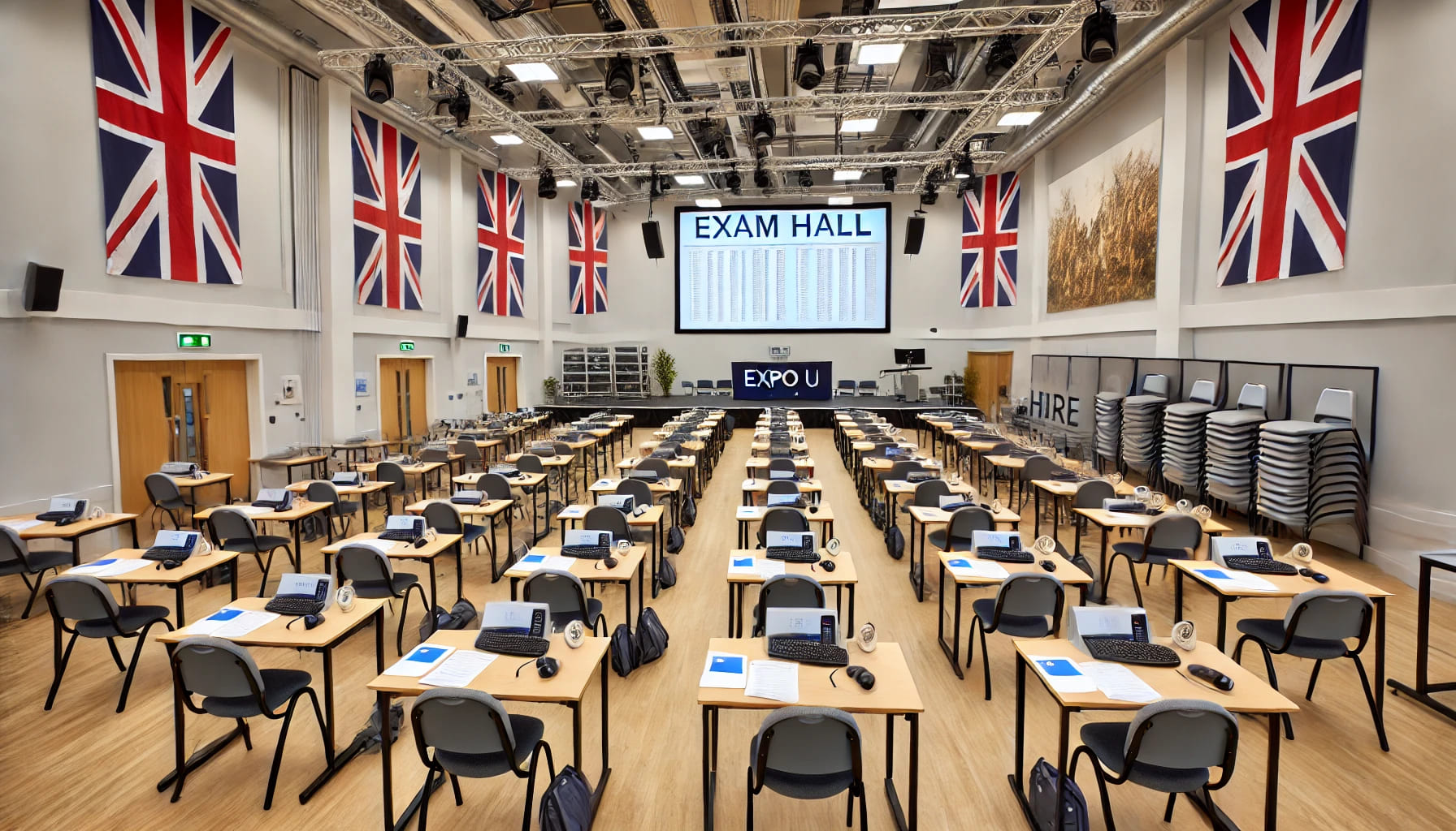 A UK exam hall setup with high-quality exam furniture and additional equipment from Expo Hire UK, including desks, chairs, and freestanding screens. T